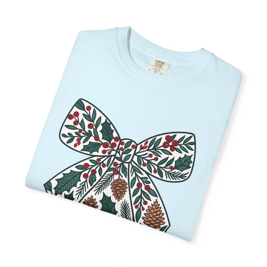 Christmas Bow Shirt Christmas Seasonal Gift Women Floral Tee Ribbon T-Shirt Xmas Fan Holiday Tshirt Winter Graphic Sketch Cone Tshirt