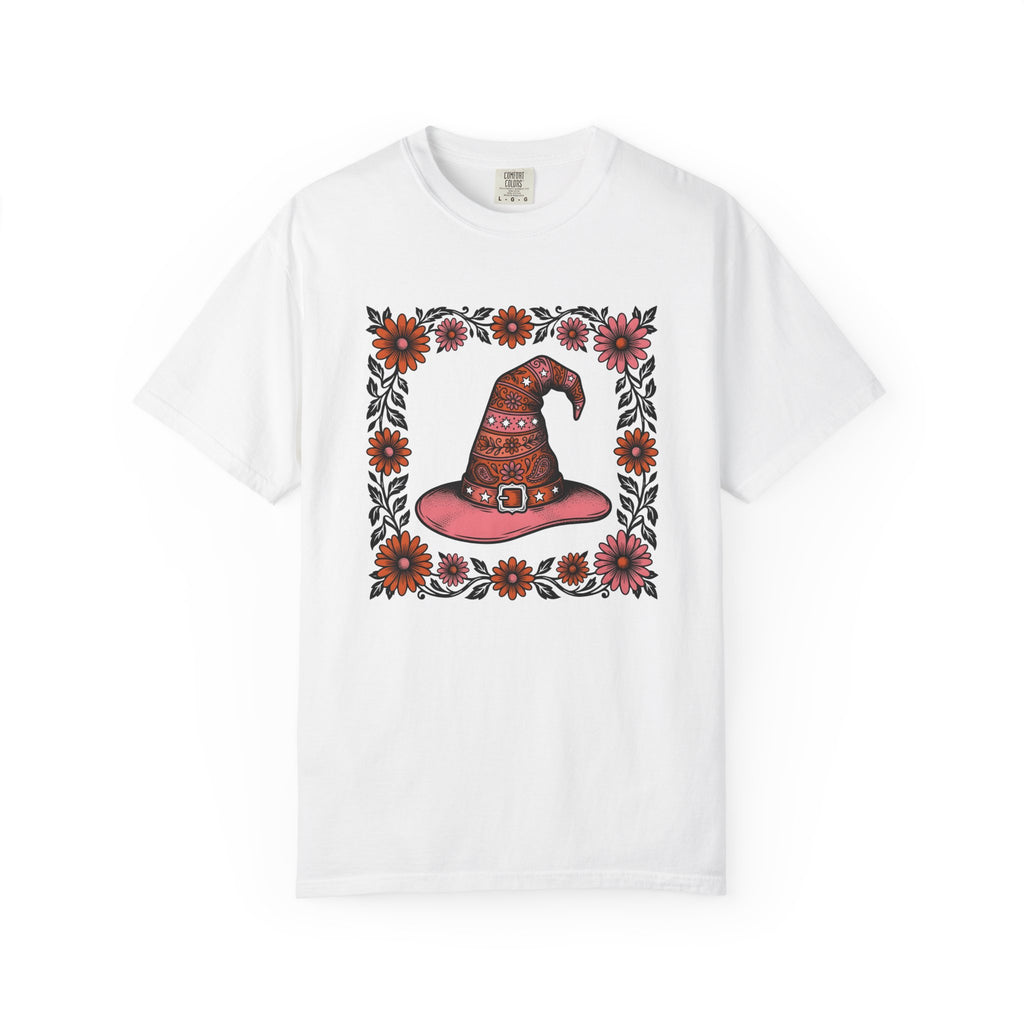 Magic Hat Shirt Halloween Bouquet Gift Women Line Art Tee Top Hat T-Shirt Spooky Fan Witch Hat Tshirt Floral Graphic Ink Drawing Petal