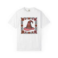 Magic Hat Shirt Halloween Bouquet Gift Women Line Art Tee Top Hat T-Shirt Spooky Fan Witch Hat Tshirt Floral Graphic Ink Drawing Petal