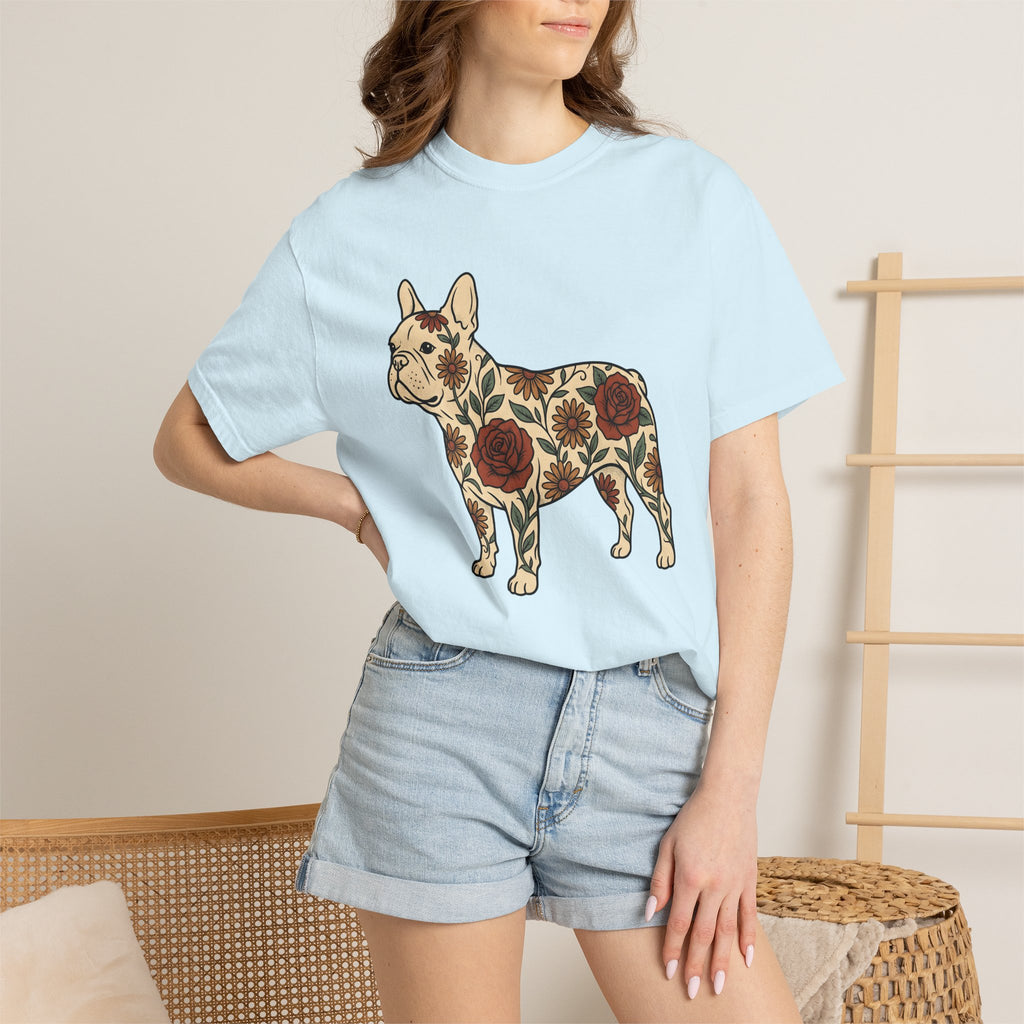 French Bulldog Shirt Dog Botanical Gift Women Traditional Tattoo Tee Bulldog T-Shirt Dog Fan Tattooed Tshirt Floral Graphic Retro Flower
