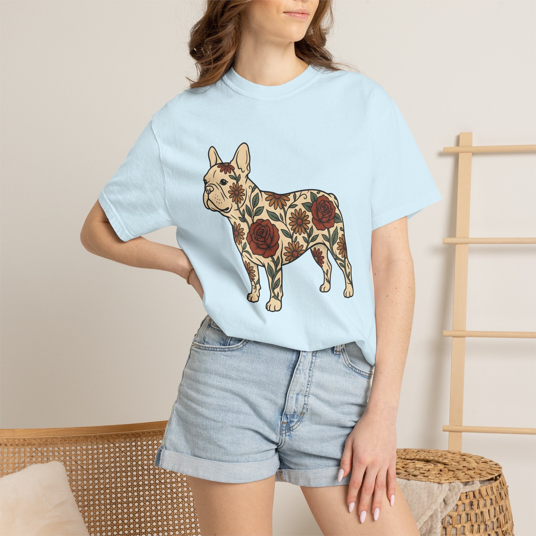French Bulldog Shirt Dog Botanical Gift Women Traditional Tattoo Tee Bulldog T-Shirt Dog Fan Tattooed Tshirt Floral Graphic Retro Flower