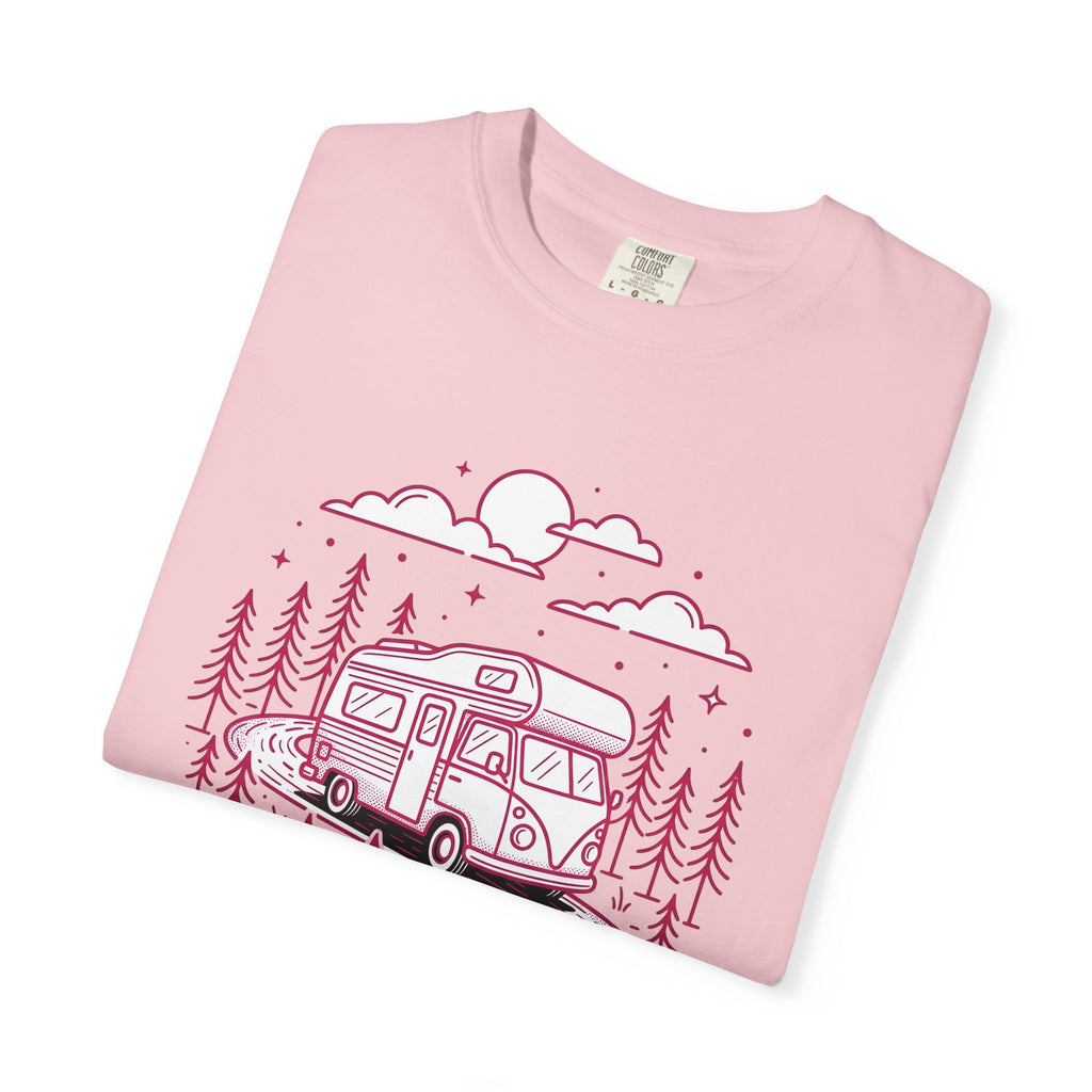 Camper Van Shirt Camping Adventure Gift Women Line Art Tee Motorhome T-Shirt Camper Fan Minimalist Tshirt Explorer Graphic Retro Pine Trees