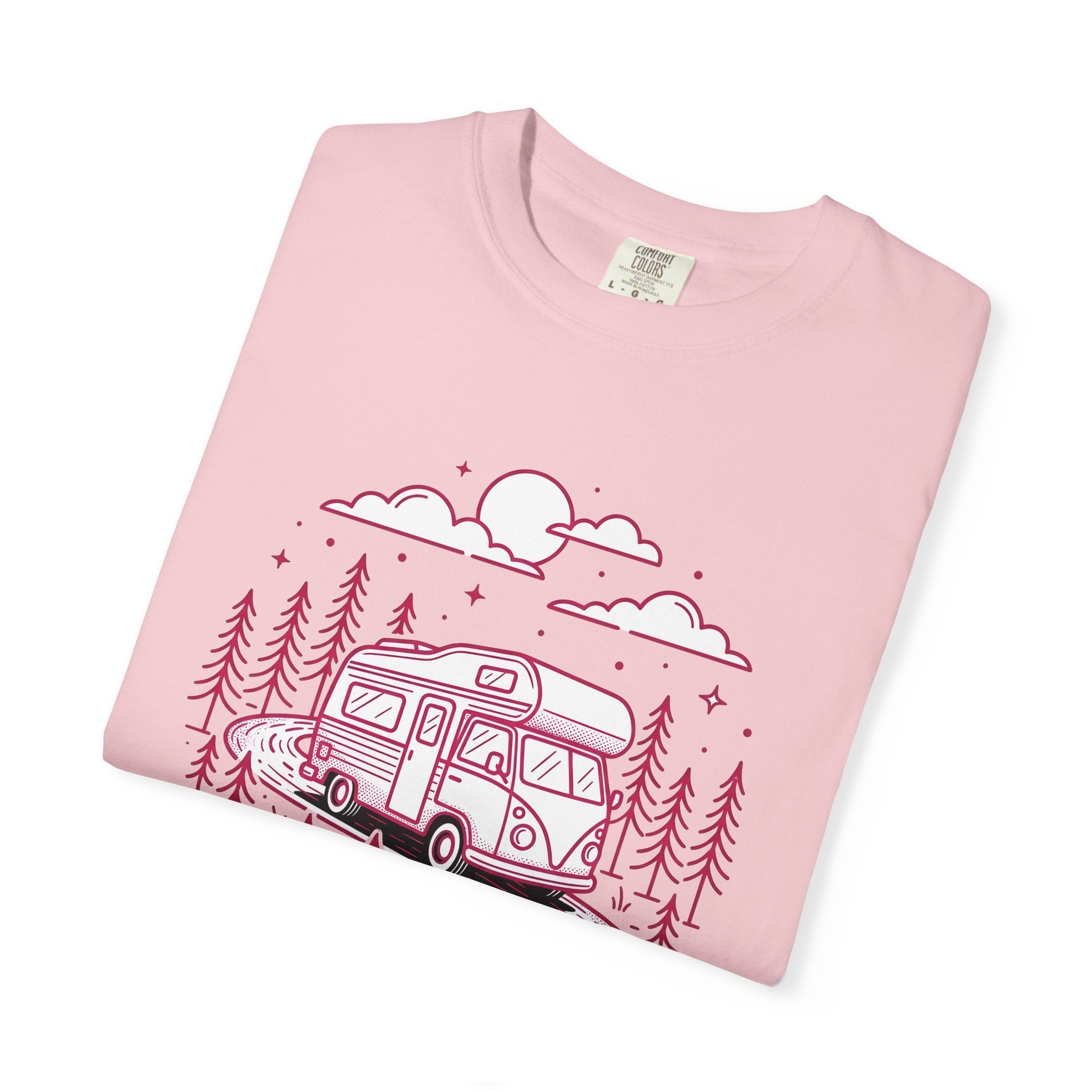Camper Van Shirt Camping Adventure Gift Women Line Art Tee Motorhome T-Shirt Camper Fan Minimalist Tshirt Explorer Graphic Retro Pine Trees