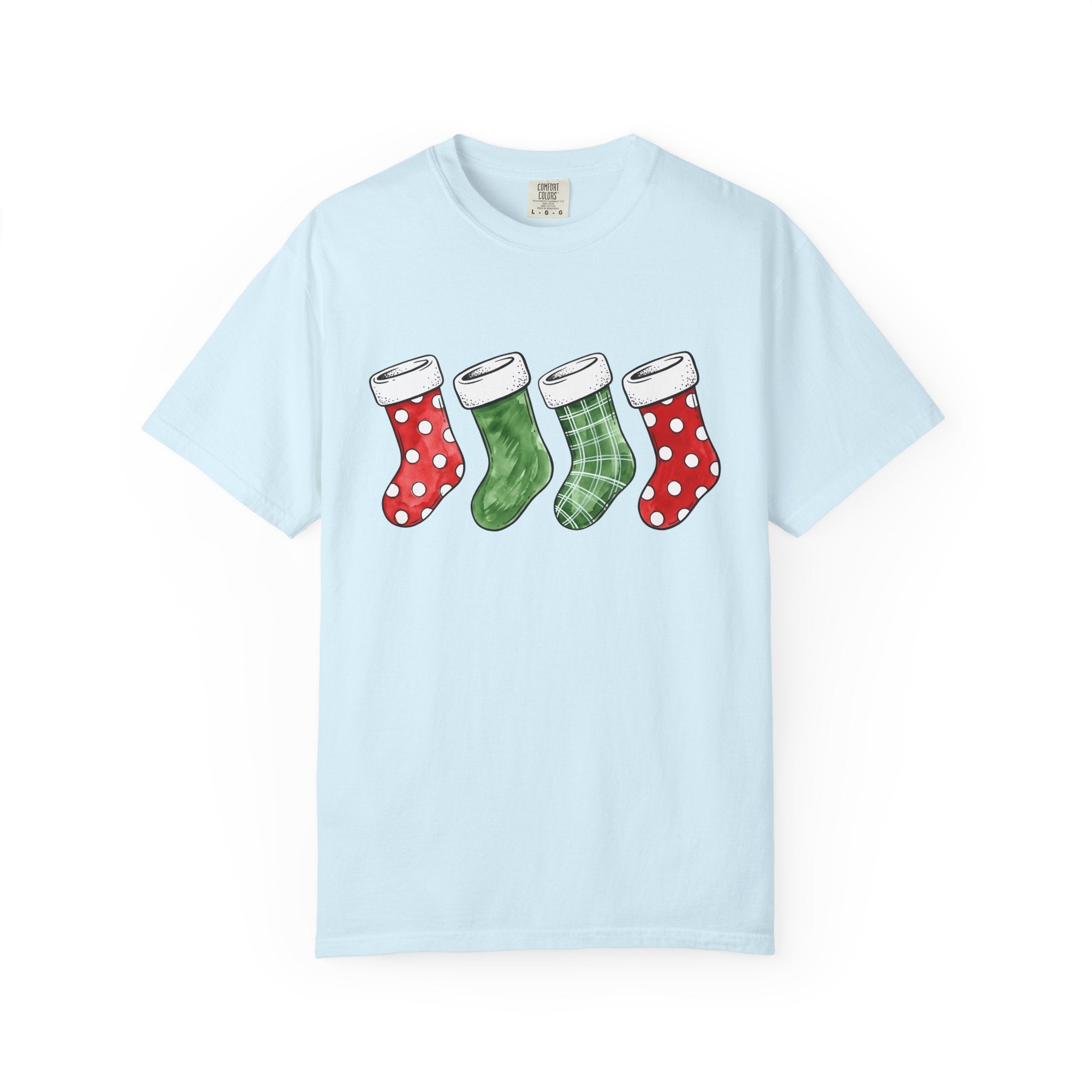 Christmas Stockings Shirt Christmas Holiday Gift Women Watercolor Tee Stocking T-Shirt Xmas Fan Watercolour Tshirt Seasonal Graphic Sketch