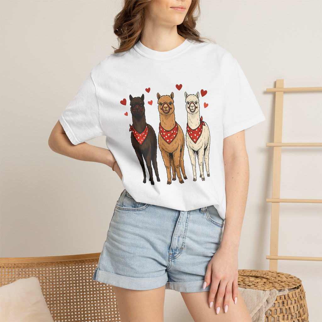 Llama Trio Shirt St. Valentine's Day Animal Gift Women Hand Drawn Tee Alpaca T-Shirt Valentine Fan Illustrated Tshirt Creature Graphic