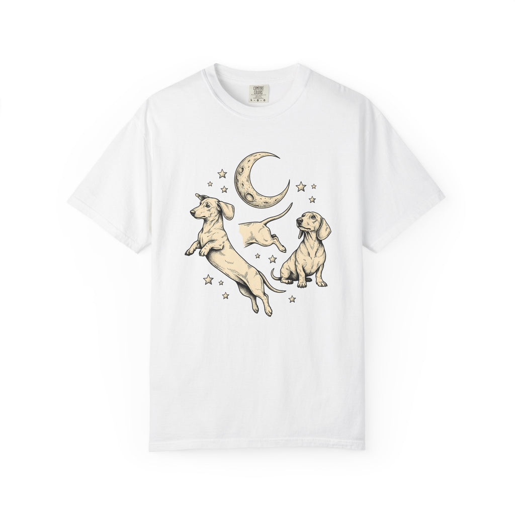 Dachshund Pups Shirt Dog Astrology Gift Women Sketch Tee Wiener Dog T-Shirt Dog Fan Doodle Graphic Tshirt Retro Crescent Moon Tshirt