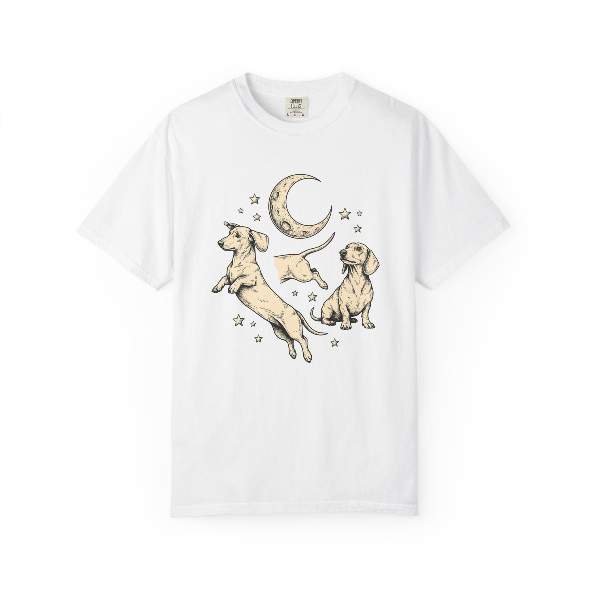 Dachshund Pups Shirt Dog Astrology Gift Women Sketch Tee Wiener Dog T-Shirt Dog Fan Doodle Graphic Tshirt Retro Crescent Moon Tshirt