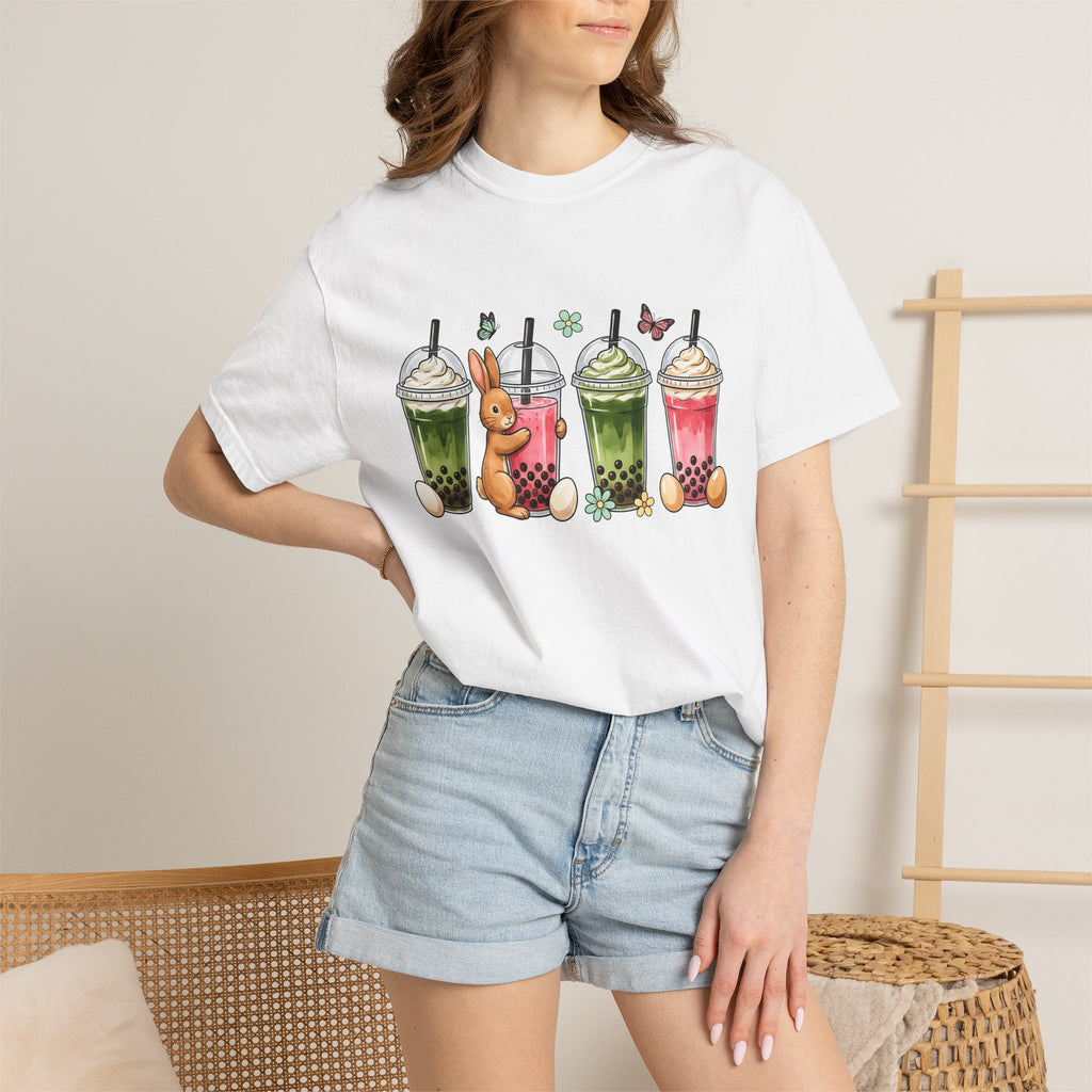 Bunny Boba Tea Shirt Easter Animal Gift Women Cute Tee Bubble Tea T-Shirt Easter Fan Cartoon Tshirt Creature Graphic Hand Drawn Easter Eggs