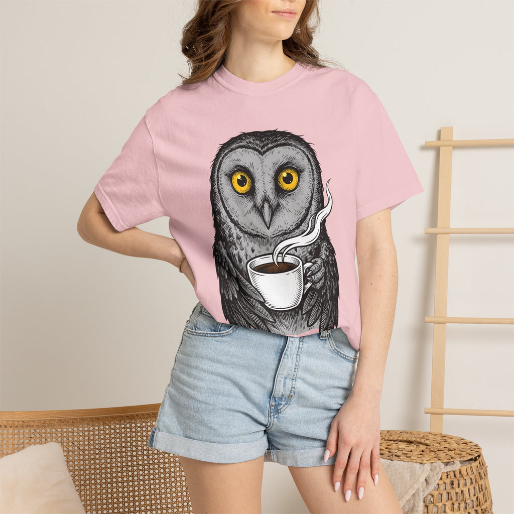 Owl Coffee Mug Shirt Coffee Pets Gift Women Line Art Tee Owl T-Shirt Coffee Fan Hoot Graphic Hand Drawn Steam Wave Tshirt