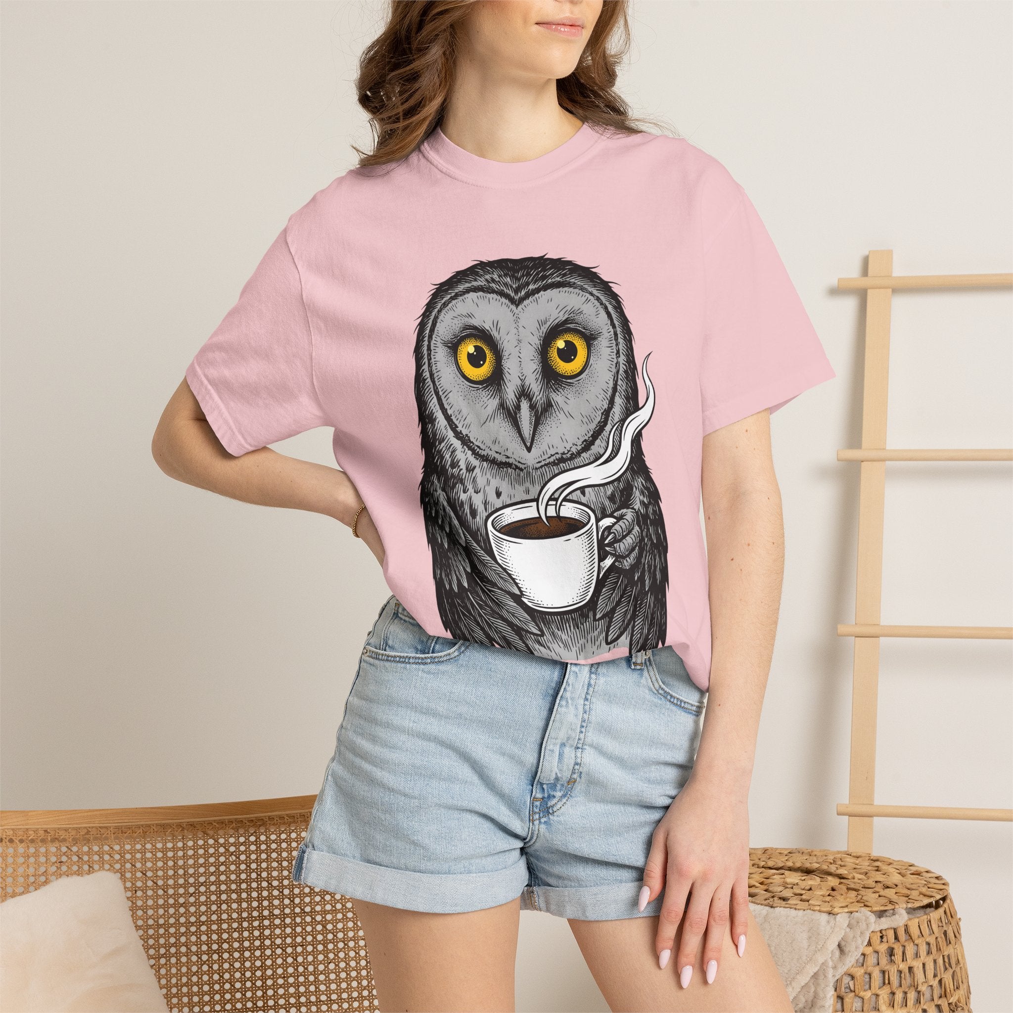 Owl Coffee Mug Shirt Coffee Pets Gift Women Line Art Tee Owl T-Shirt Coffee Fan Hoot Graphic Hand Drawn Steam Wave Tshirt