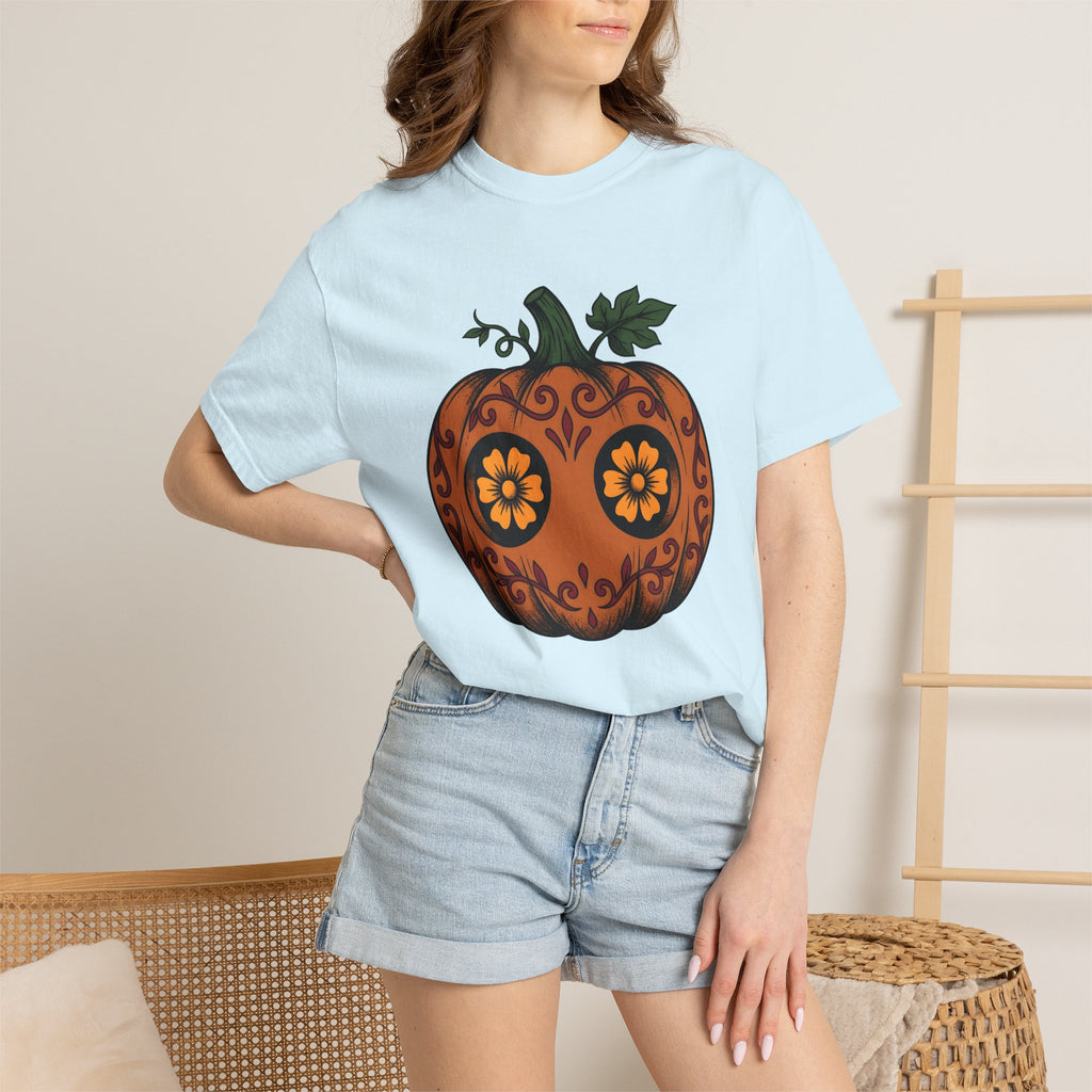 Pumpkin Illustration Shirt Halloween Spooky Gift Women Blackwork Tee Gourd T-Shirt Horror Fan Dark Graphic Tshirt Classic Floral Design