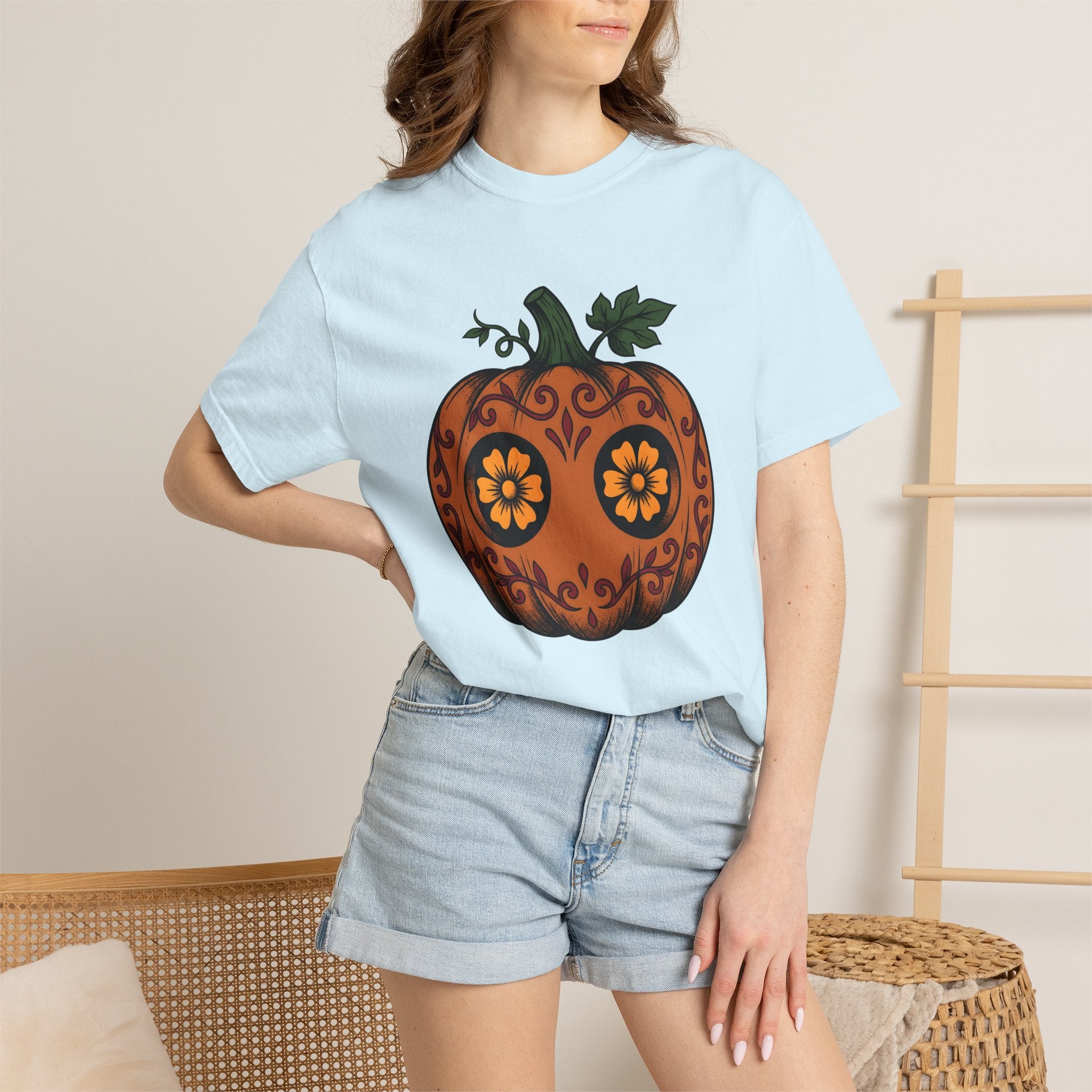 Pumpkin Illustration Shirt Halloween Spooky Gift Women Blackwork Tee Gourd T-Shirt Horror Fan Dark Graphic Tshirt Classic Floral Design