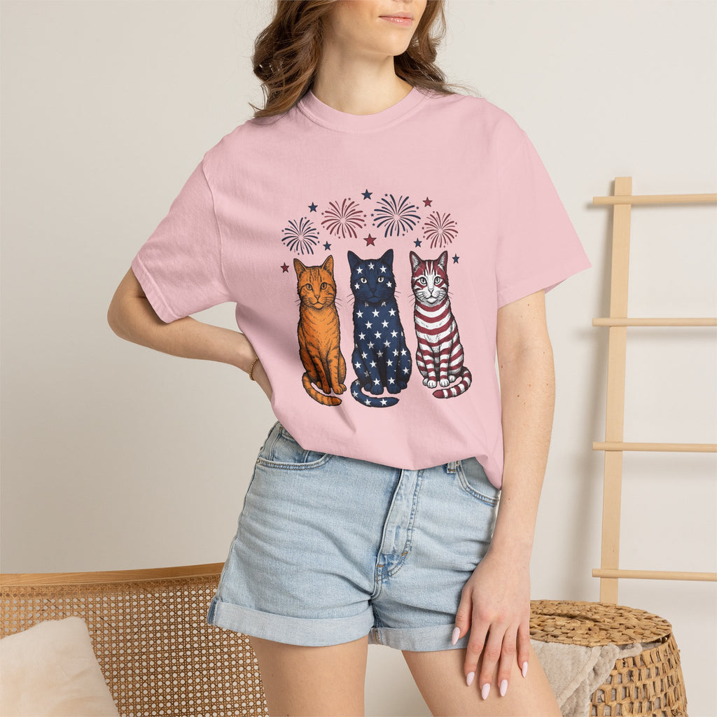 American Cats Shirt 4th Of July Kitten Gift Women Sketch Tee Felines T-Shirt Independence Day Fan Cat Illustration Retro Sparklers Tshirt