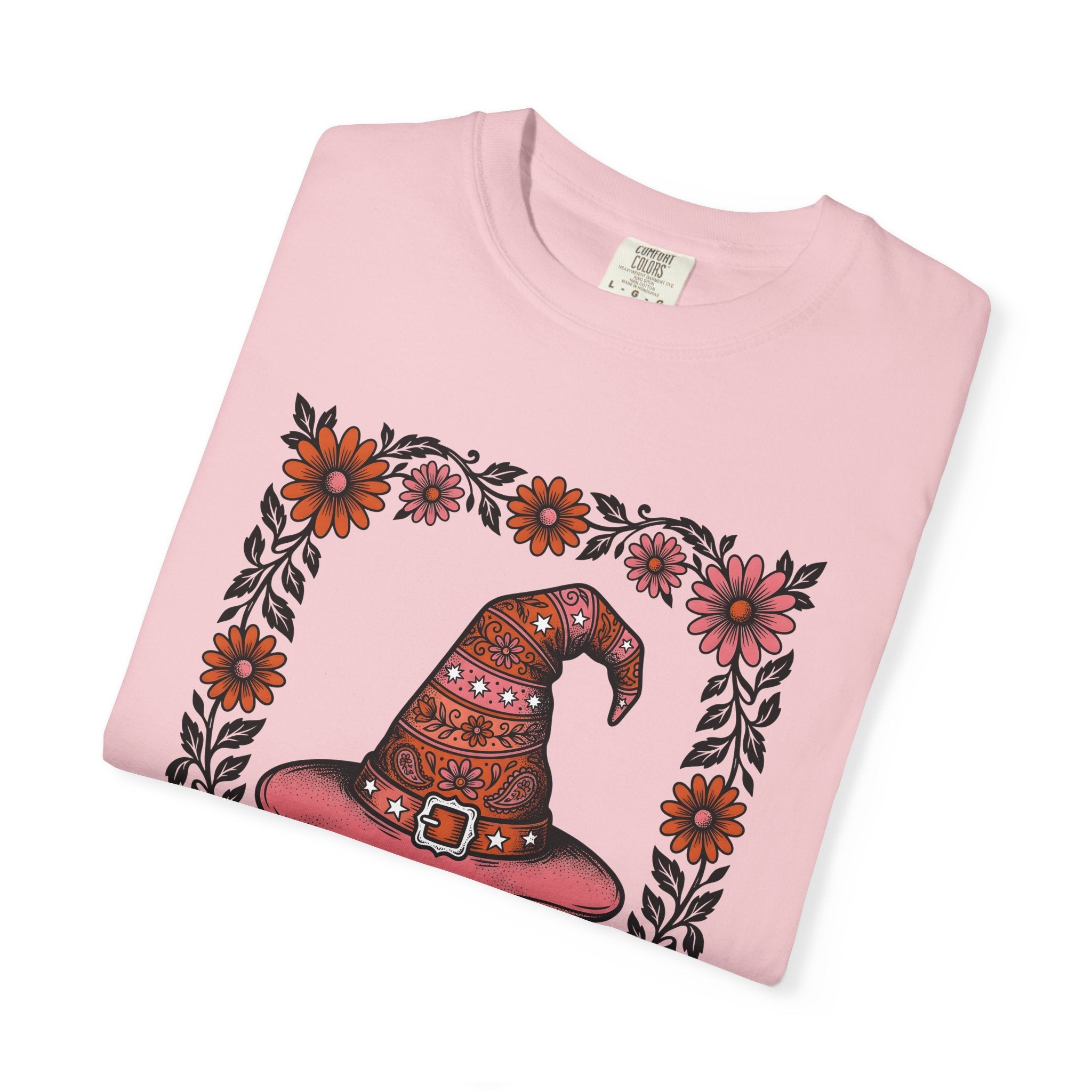 Magic Hat Shirt Halloween Bouquet Gift Women Line Art Tee Top Hat T-Shirt Spooky Fan Witch Hat Tshirt Floral Graphic Ink Drawing Petal
