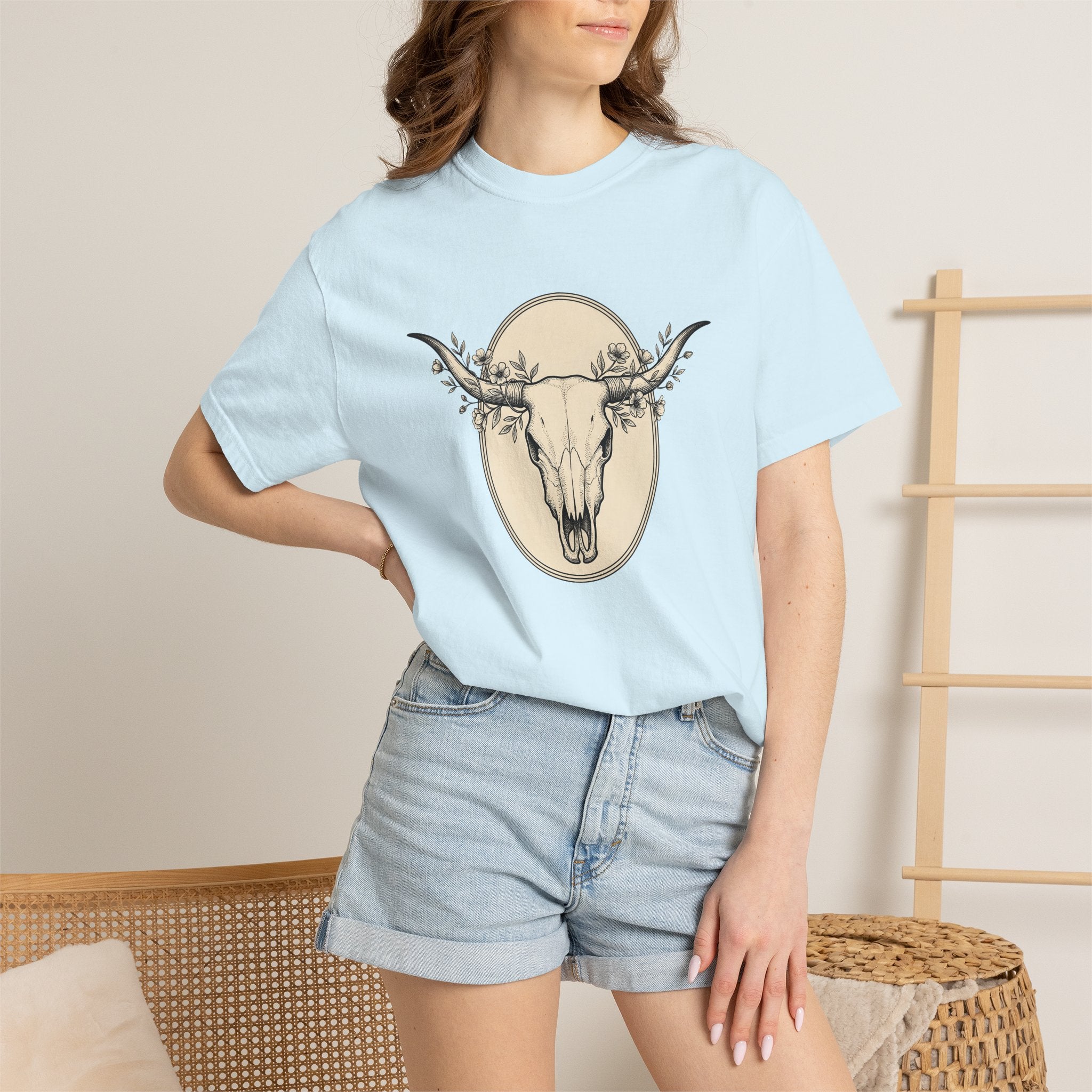 Cow Skull Shirt Cowgirl Cowboy Gift Women Southwestern Tee Bull Skull T-Shirt Rodeo Fan Western Tshirt Cowboy Graphic Rustic Meadow Flowers