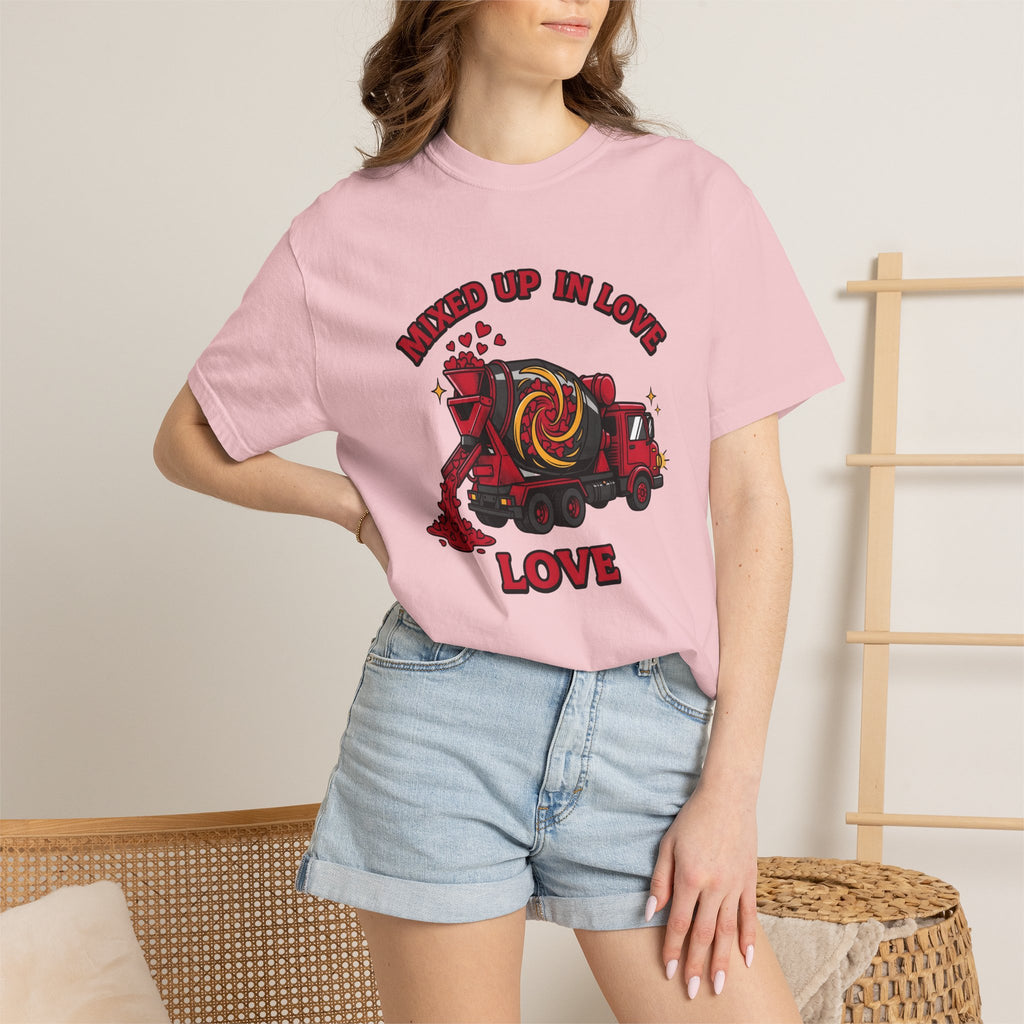 Concrete Truck Hearts Shirt St. Valentine's Day Satire Gift Women Line Art Tee Cement Mixer T-Shirt Valentines Fan Minimalist Tshirt