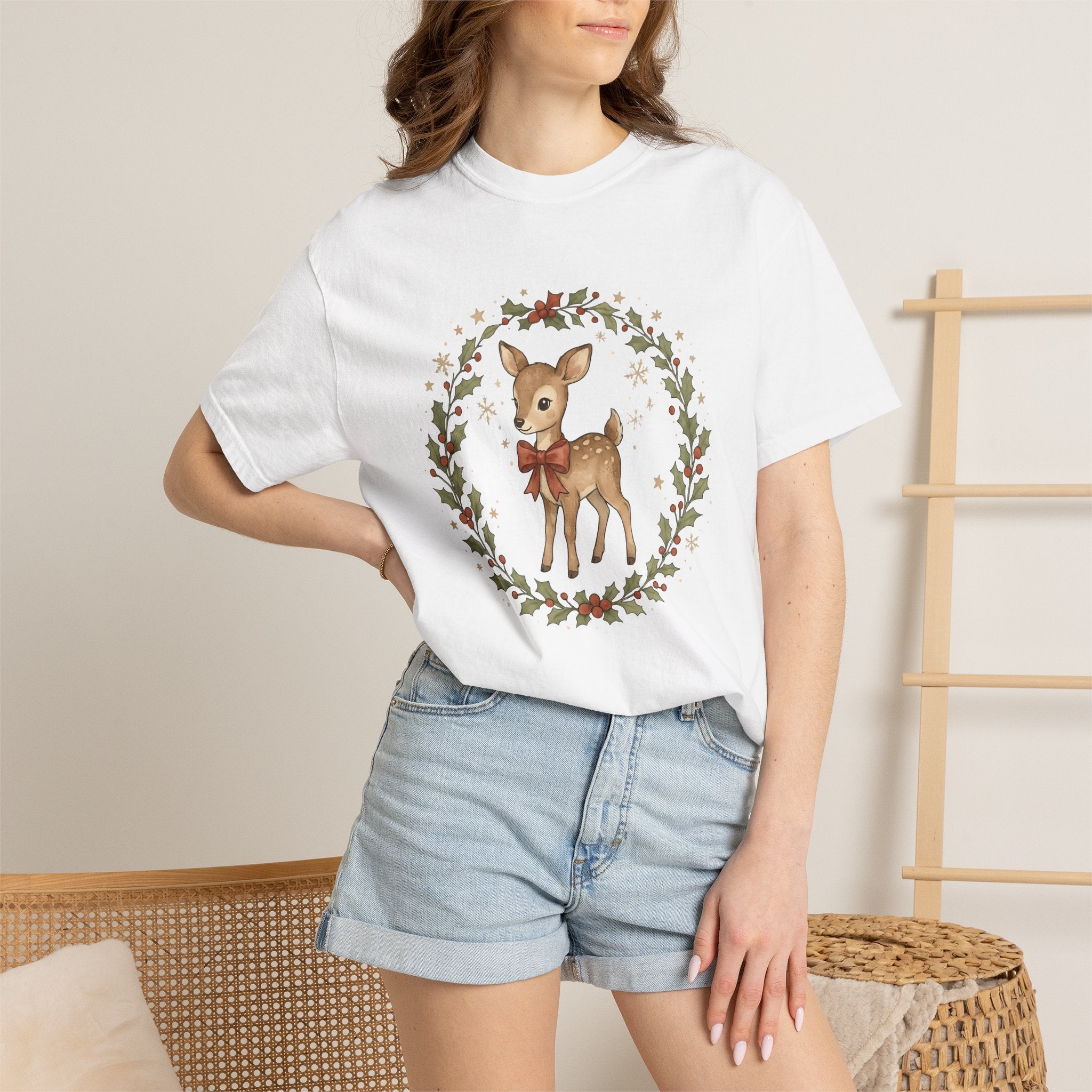 Young Deer Shirt Christmas Timberland Gift Women Gouache Tee Fawn T-Shirt Christmas Fan Watercolor Tshirt Woods Graphic Ink Pine Wreath