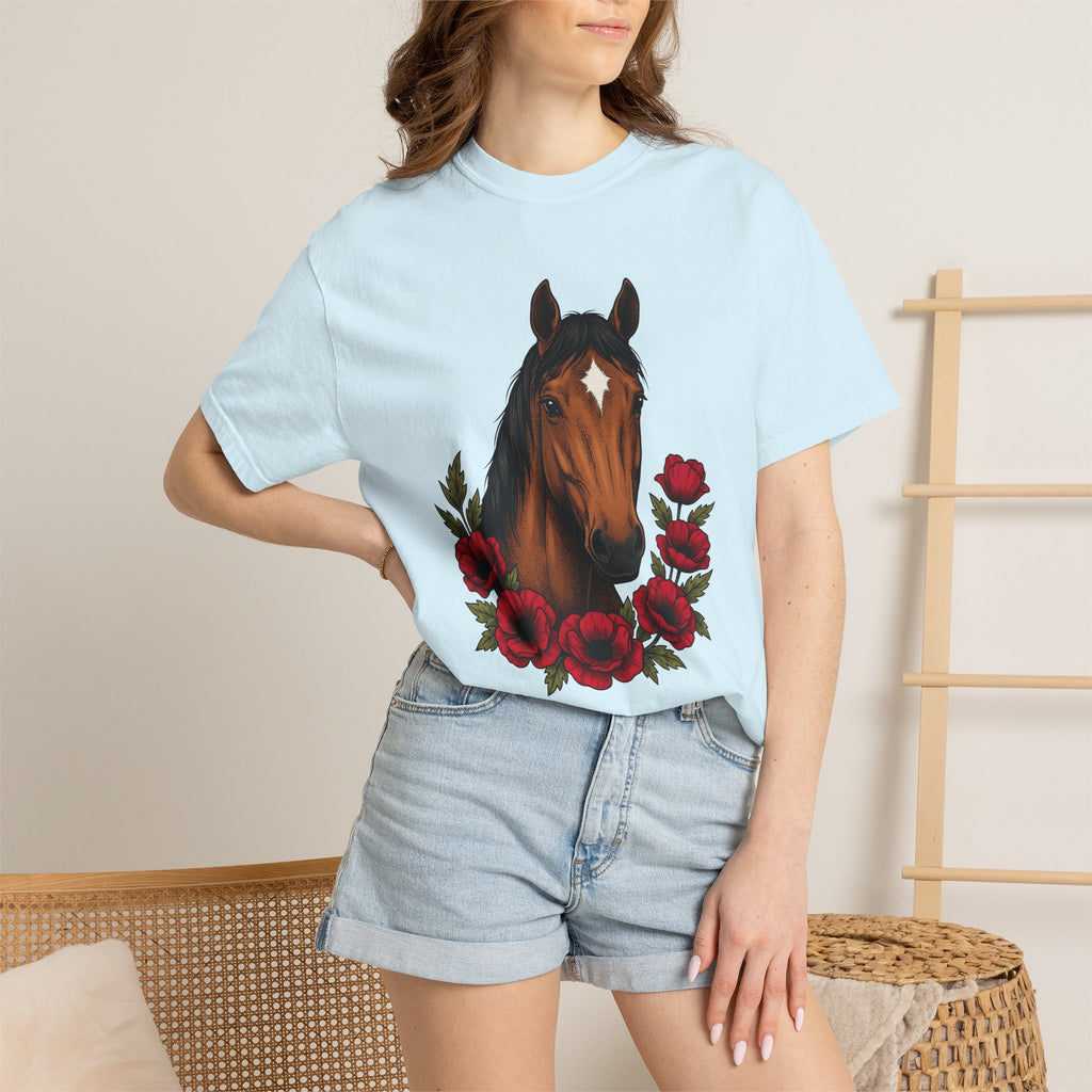 Horse Blossom Shirt Boho Chic Creature Gift Women Tribal Tee Mare T-Shirt Bohemian Fan Ethnic Tshirt Beast Graphic Hand Drawn Poppy Petal