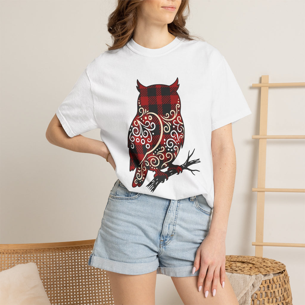 Owl Gingham Shirt Animals Nature Gift Women Primitive Tee Owl T-Shirt Wildlife Fan Hoot Graphic Illustration Sketch Swirl Motif Tshirt