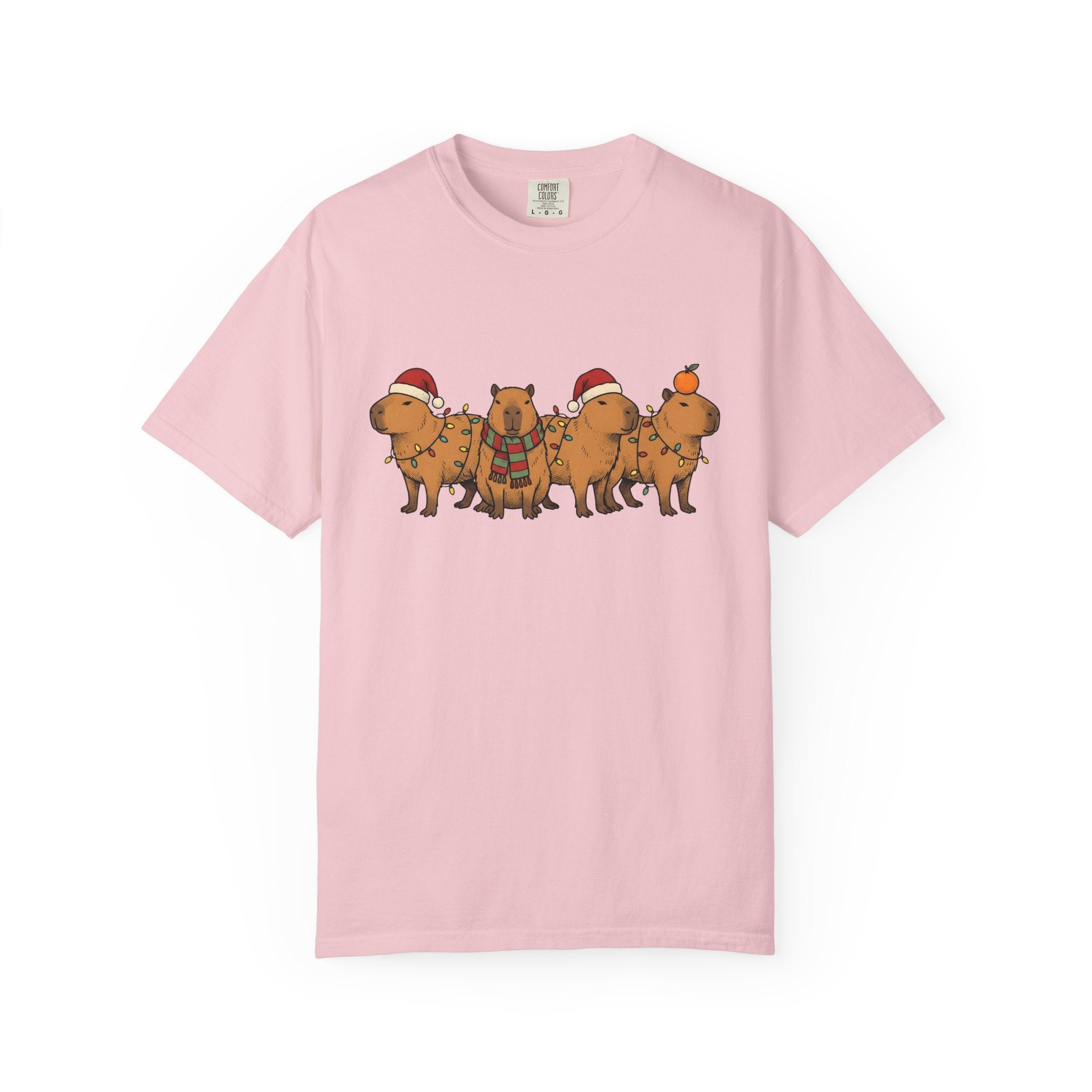 Capybara Herd Shirt Christmas Creatures Gift Women Illustration Tee Rodent T-Shirt Xmas Fan Drawing Graphic Line Art Led Lights Tshirt