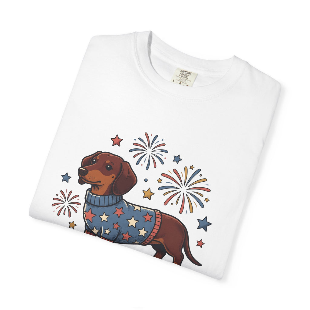 Dachshund Puppy Shirt 4th Of July Pet Owner Gift Women Hand Drawn Tee Wiener Dog T-Shirt Independence Day Fan Doodle Tshirt Dog Mom Graphic