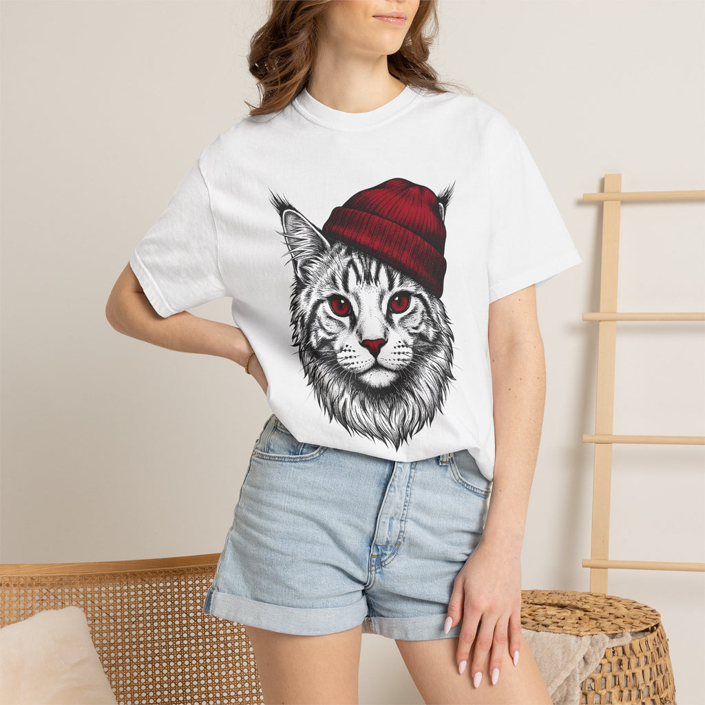Feline Beanie Shirt Cat Apparel Gift Women Cartoon Tee Kitty T-Shirt Cat Fan Comic Tshirt Clothing Graphic Rustic Toque Tshirt