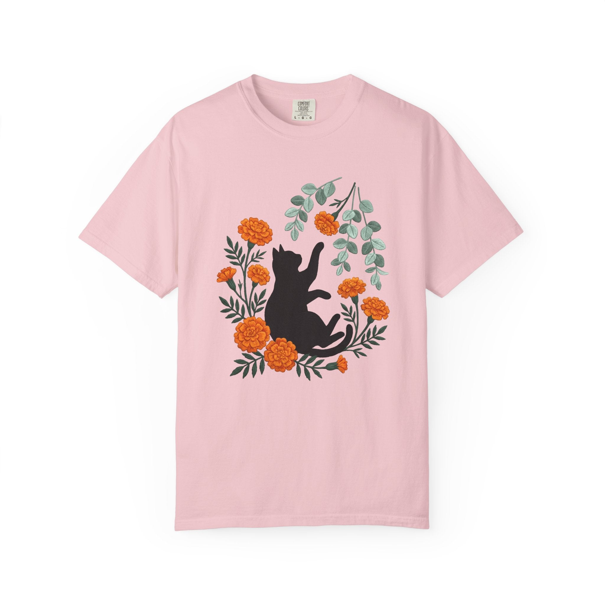 Black Puss Shirt Cat Greenery Gift Women Needlework Tee Cat T-Shirt Cat Fan Embroidery Tshirt Foliage Graphic Plant Orange Petals Tshirt