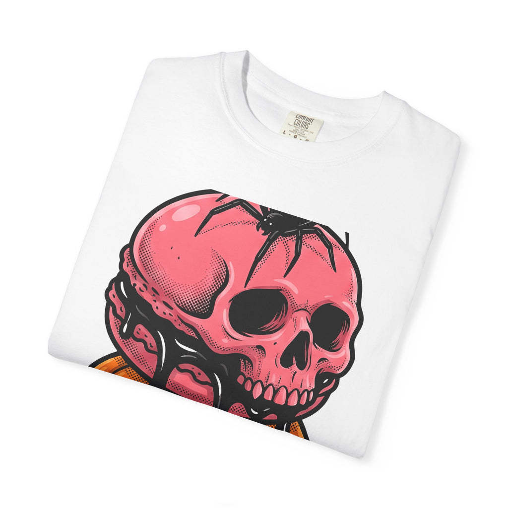 Skull Macarons Shirt Desserts Halloween Gift Women Bold Graphic Tee Macaron T-Shirt Pastry Fan Graphic Tshirt Spooky Graphic Retro Spider