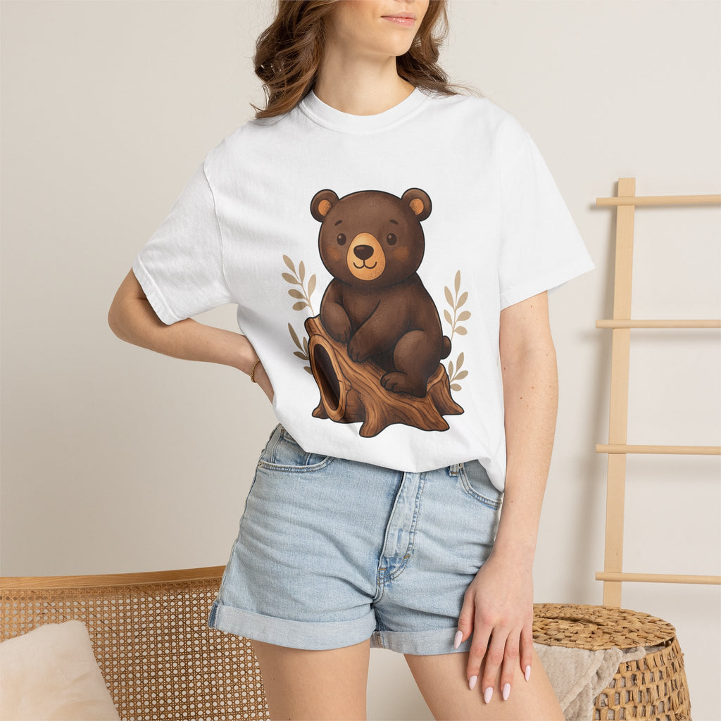 Bear Cub Shirt Animals Woodland Gift Women Cute Tee Cub T-Shirt Wildlife Fan Cartoon Tshirt Forest Graphic Hand Drawn Tree Stump Tshirt