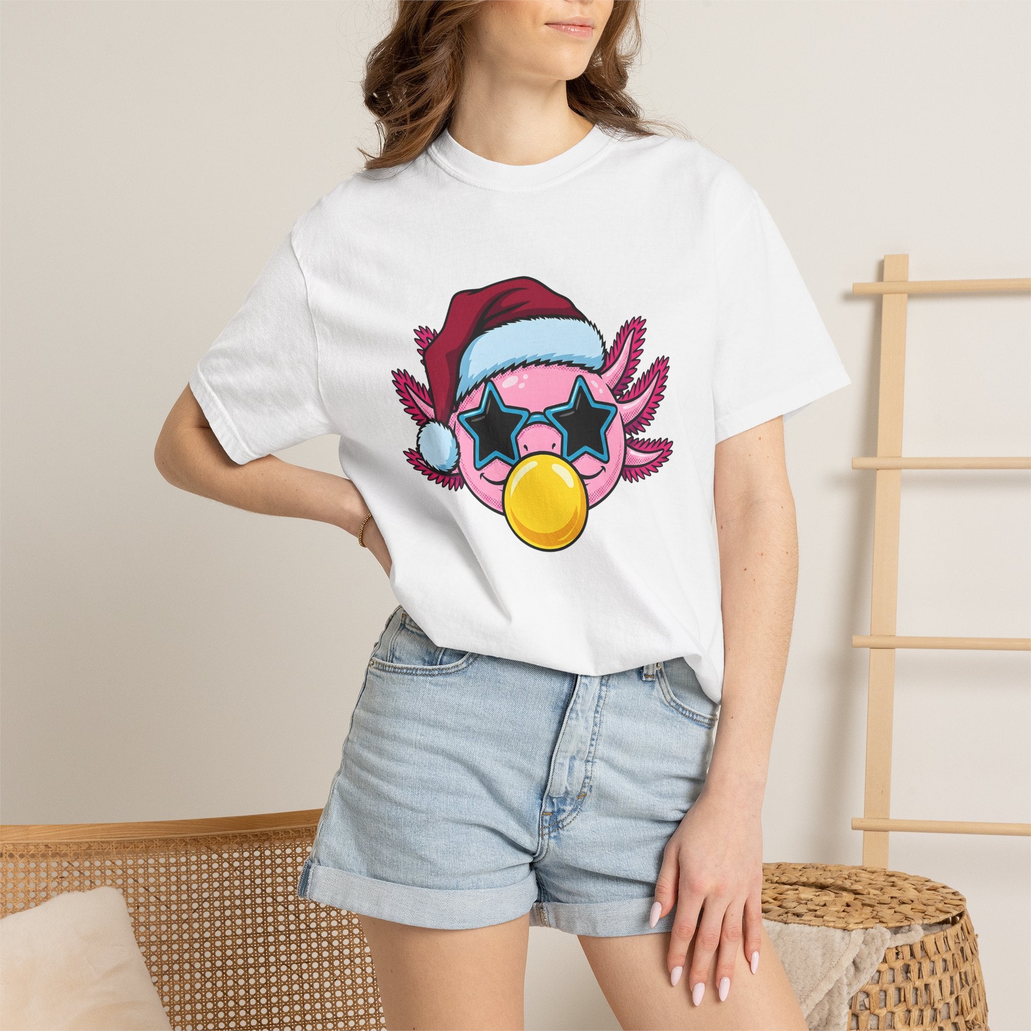 Axolotl Santa Hat Shirt Christmas Animal Gift Women Cartoon Tee Mexican Salamander T-Shirt Xmas Fan Salamander Graphic Tshirt Kawaii Star