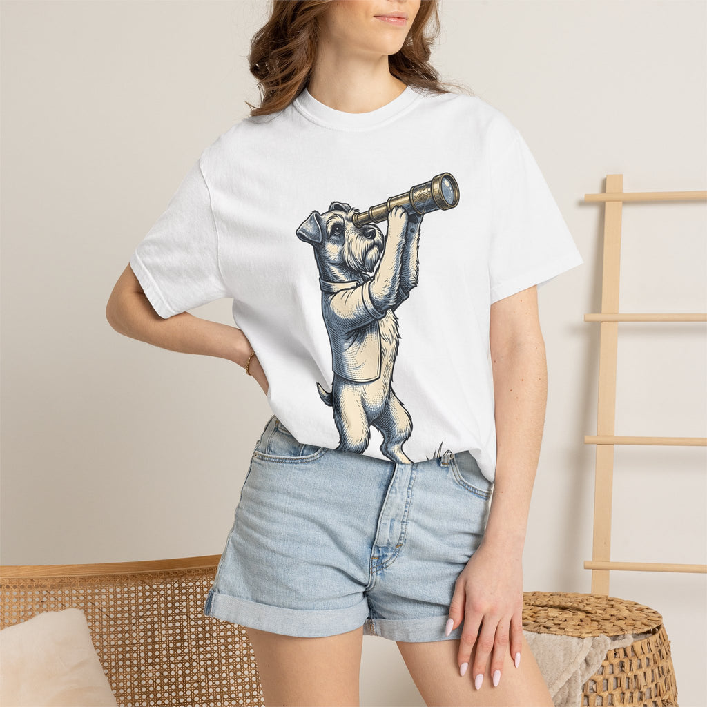 Terrier Puppy Shirt Dog Exploration Gift Women Retro Tee Puppy T-Shirt Dog Fan Vintage Tshirt Adventure Graphic Sketch Spyglass Tshirt