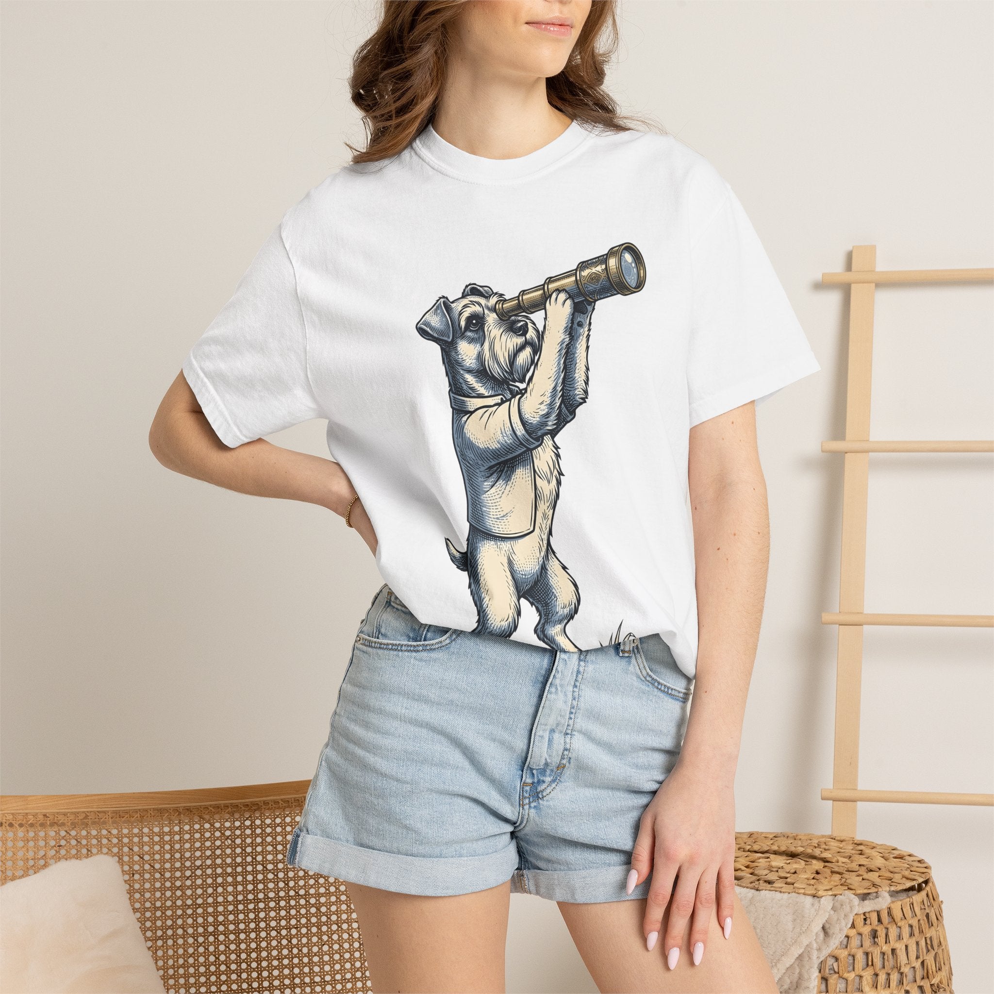 Terrier Puppy Shirt Dog Exploration Gift Women Retro Tee Puppy T-Shirt Dog Fan Vintage Tshirt Adventure Graphic Sketch Spyglass Tshirt