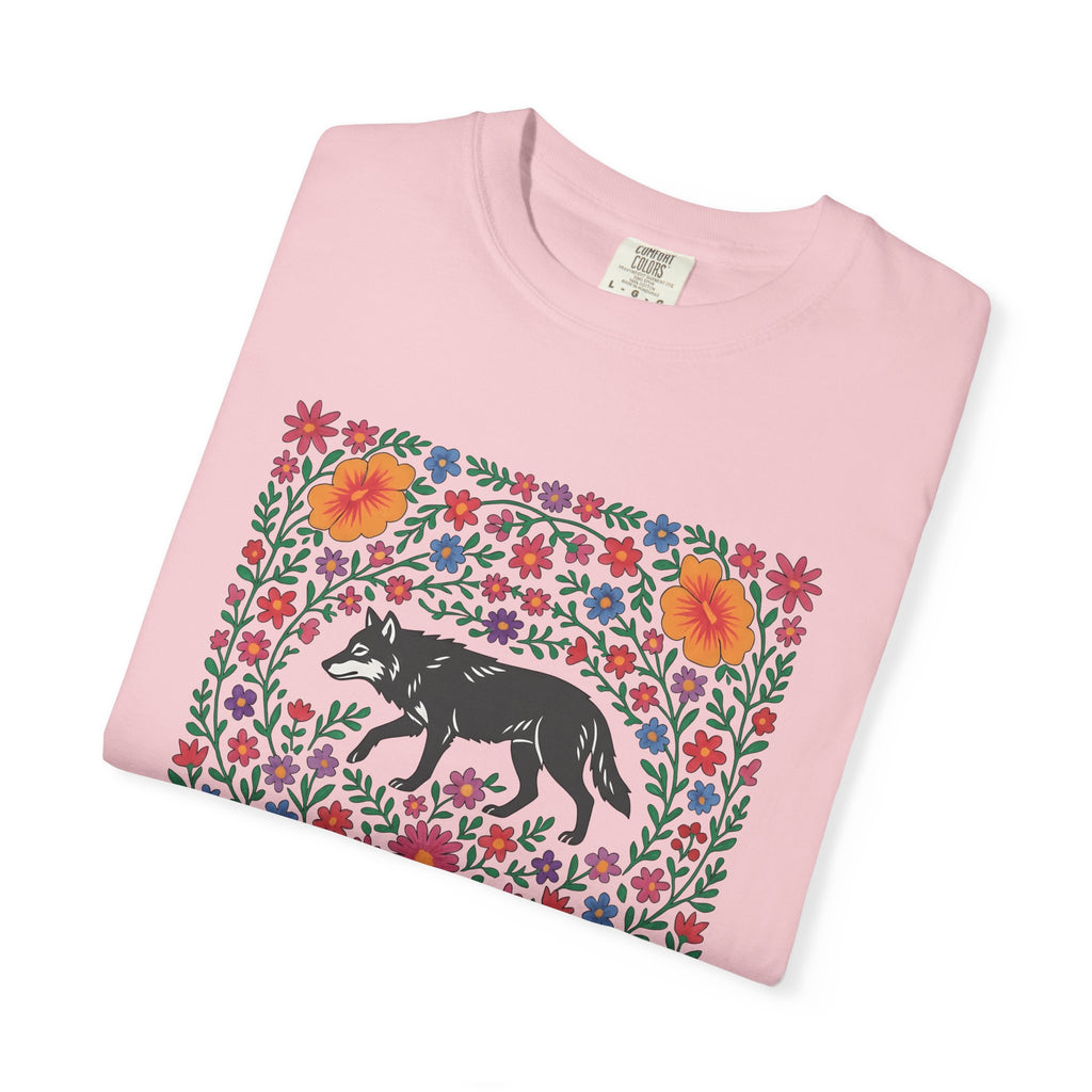 Wolf Bloom Shirt Animals & Flowers Wilderness Gift Women Native Tee Lupine T-Shirt Wildlife Enthusiast Tribal Tshirt Outdoor Graphic Crafted