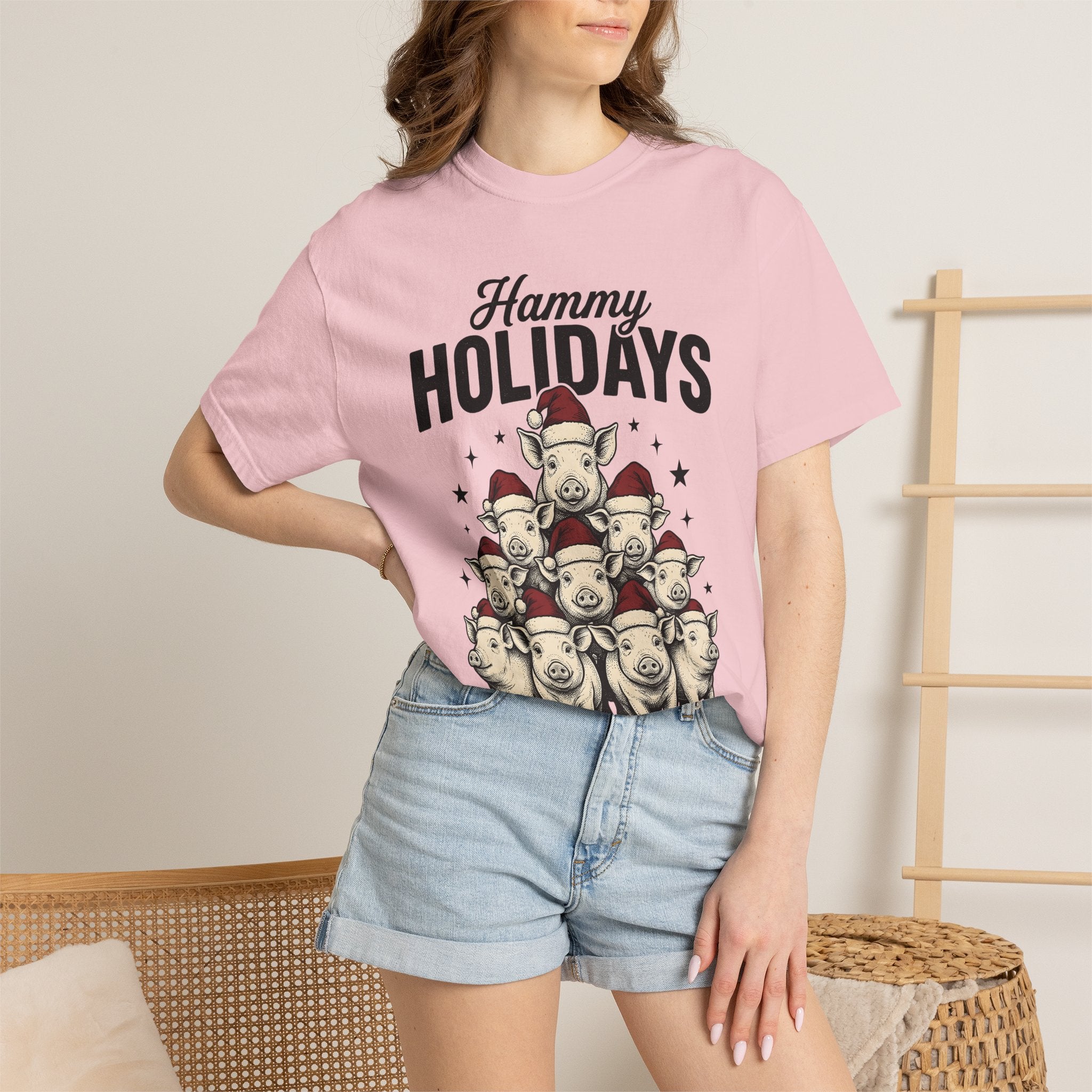 Pig Xmas Hats Shirt Christmas Farm Gift Women Classic Tee Swine T-Shirt Xmas Fan Holiday Tshirt Ranch Graphic Cartoon Glitter Tshirt