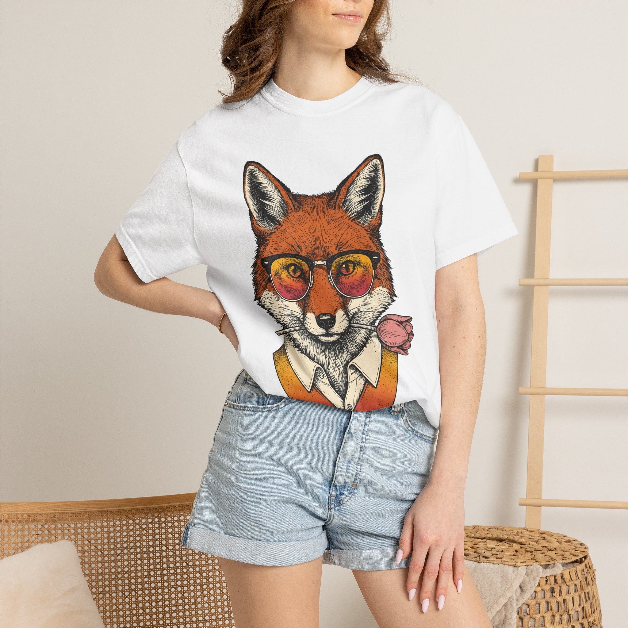 Fox Glasses Shirt Easter Animal Gift Women Hand Drawn Tee Specs T-Shirt Spring Fan Illustrated Tshirt Creature Graphic Vintage Tulip Tshirt