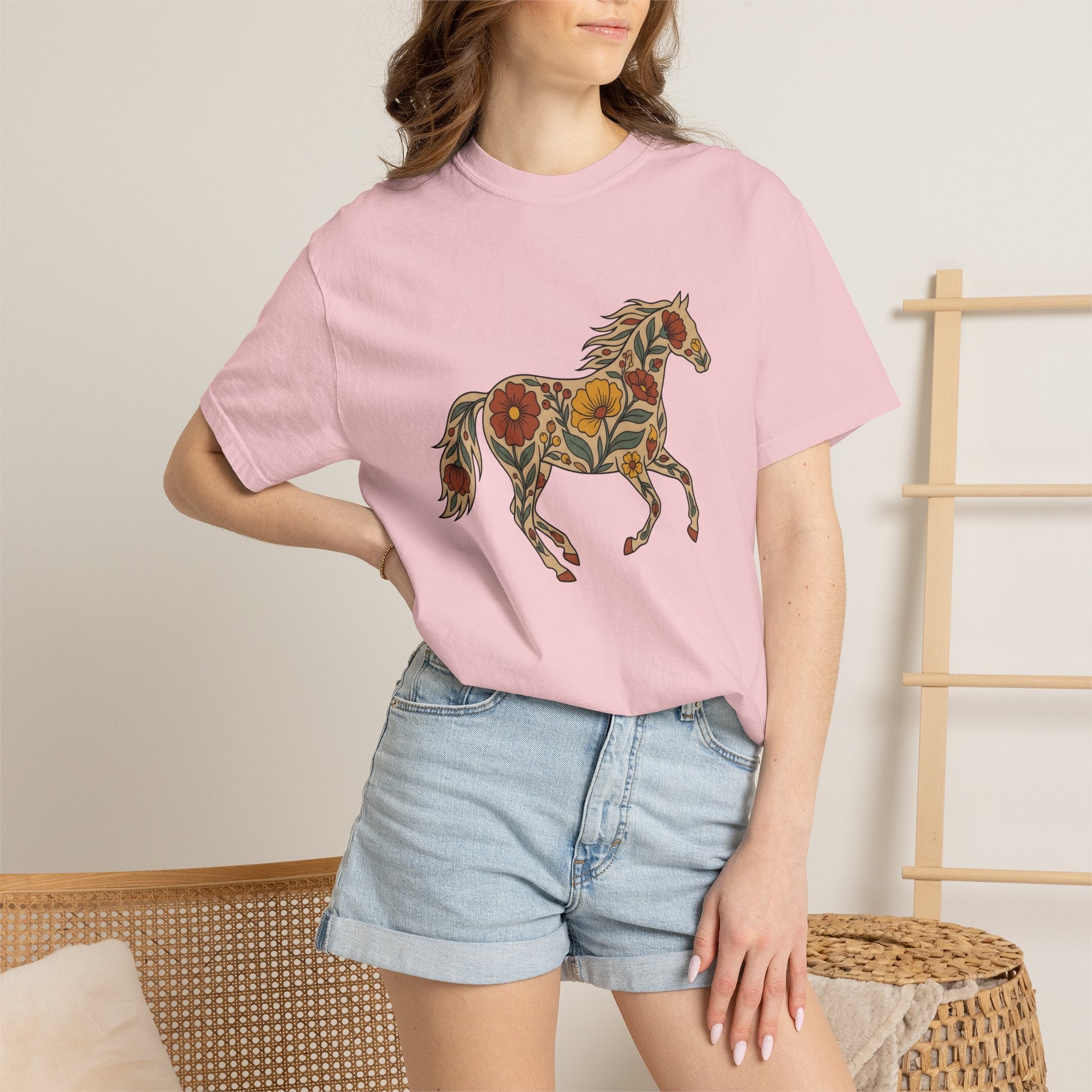 Blossom Horse Shirt Boho Chic Fauna Gift Women Folk Tee Mare T-Shirt Hippie Fan Tribal Tshirt Wildlife Graphic Hand Drawn Field Flower