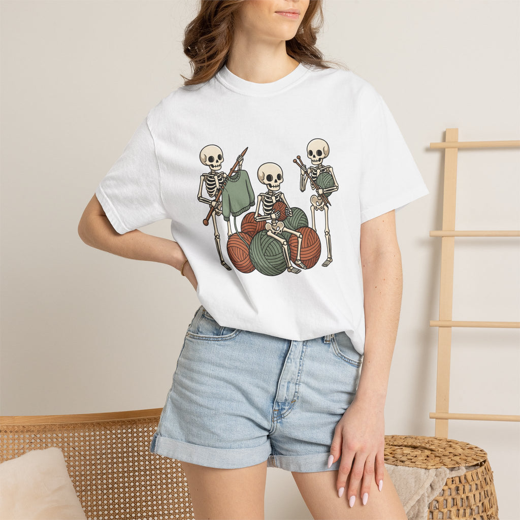 Skeleton Knitting Shirt Halloween Knitting Gift Women Cartoon Tee Bone Knitting T-Shirt Horror Fan Cartoonish Tshirt Knitting Design Hand