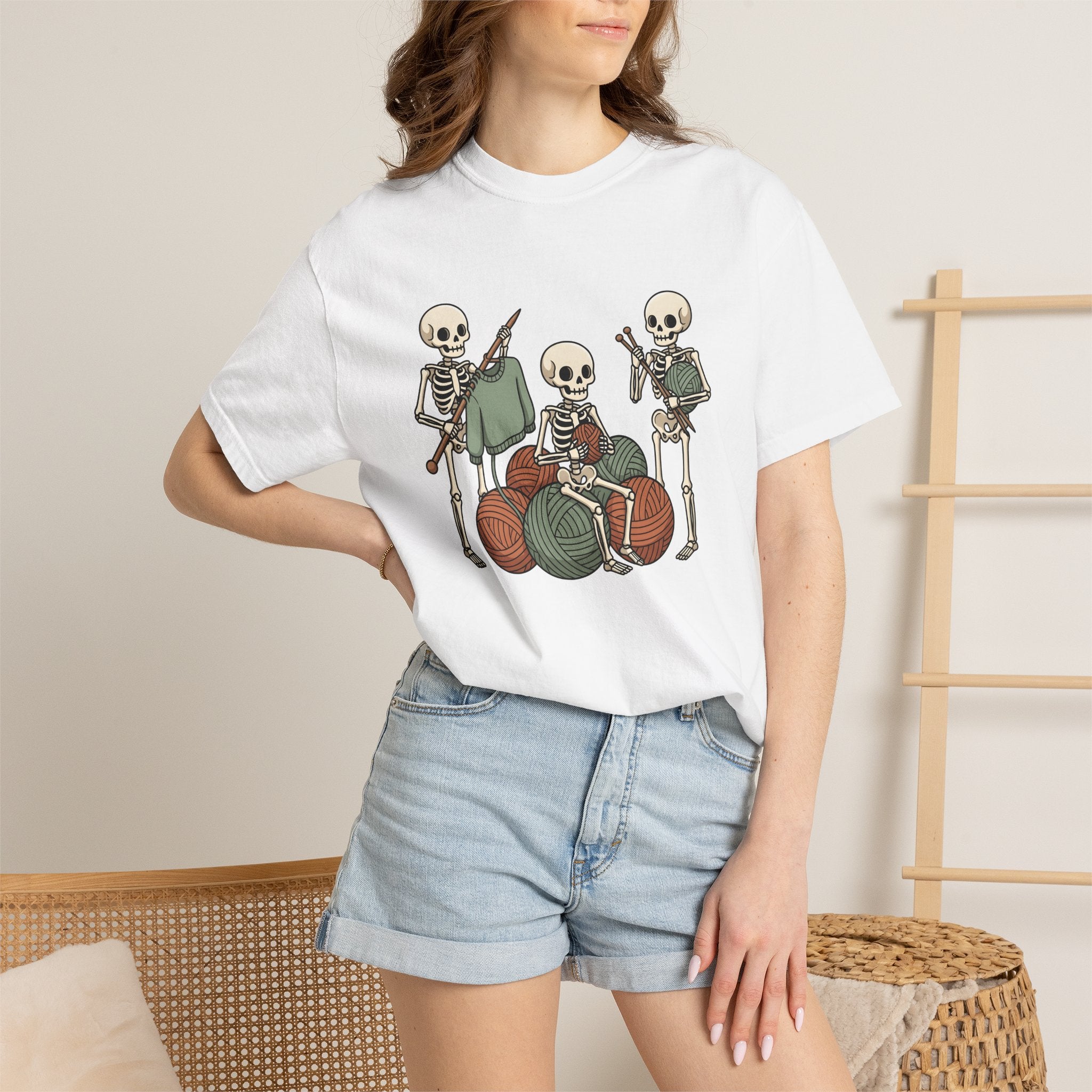 Skeleton Knitting Shirt Halloween Knitting Gift Women Cartoon Tee Bone Knitting T-Shirt Horror Fan Cartoonish Tshirt Knitting Design Hand