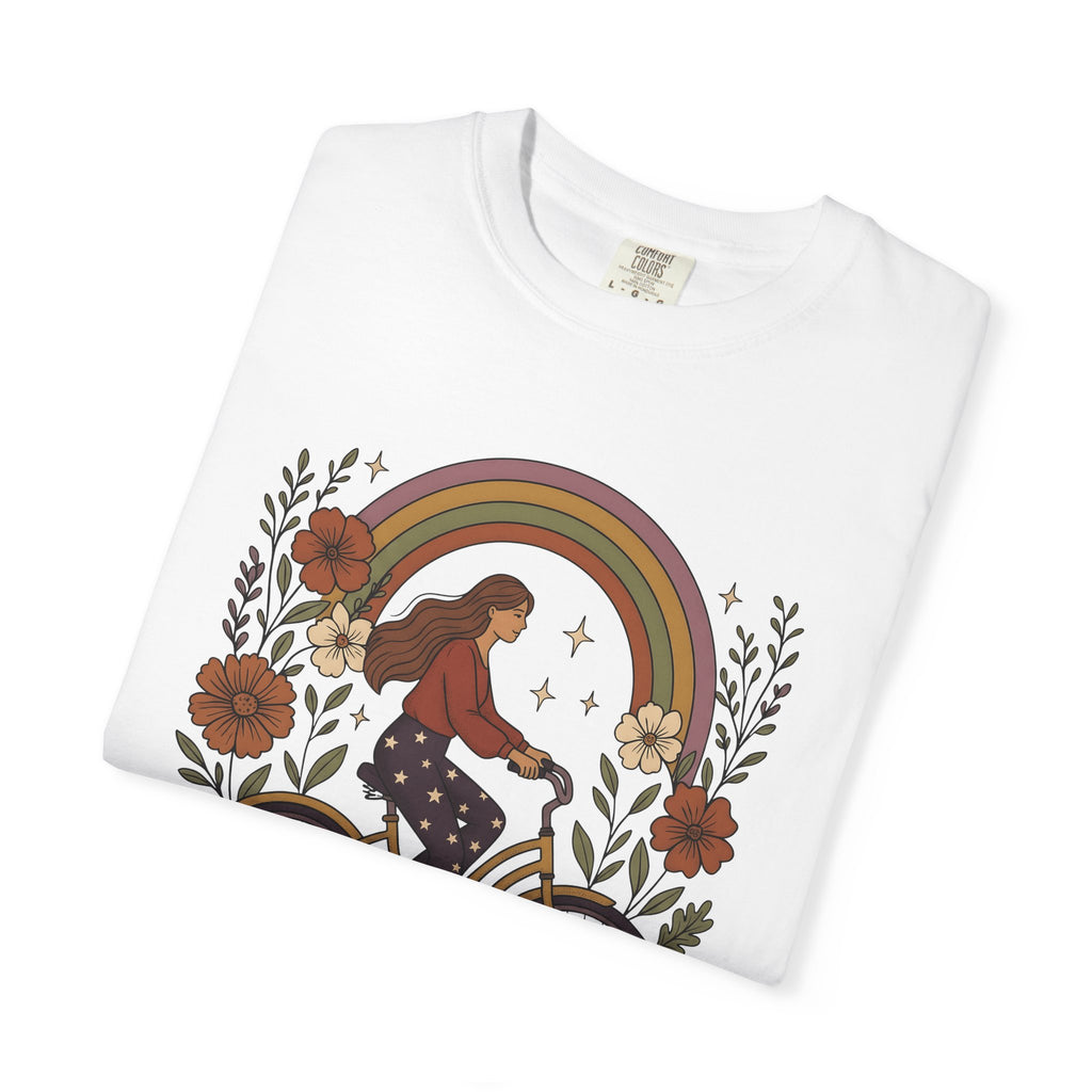 Woman Bicycle Shirt Cycling Floral Gift Women Boho Tee Bike T-Shirt Cyclist Enthusiast Bohemian Tshirt Floral Graphic Retro Rainbow Tshirt