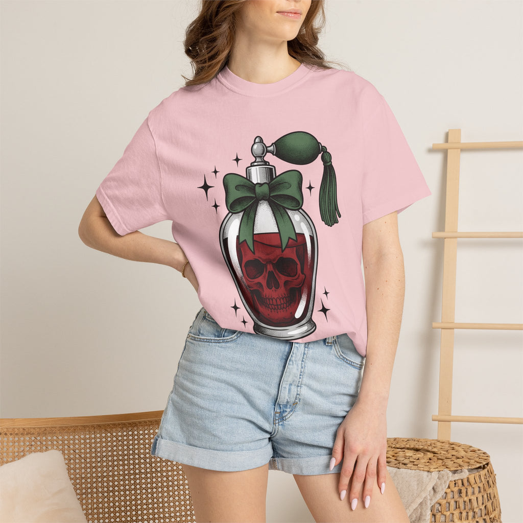 Skull Cologne Bottle Shirt Halloween Macabre Gift Women Line Art Tee Perfume T-Shirt Horror Fan Tattoo Tshirt Dark Graphic Old School Mint