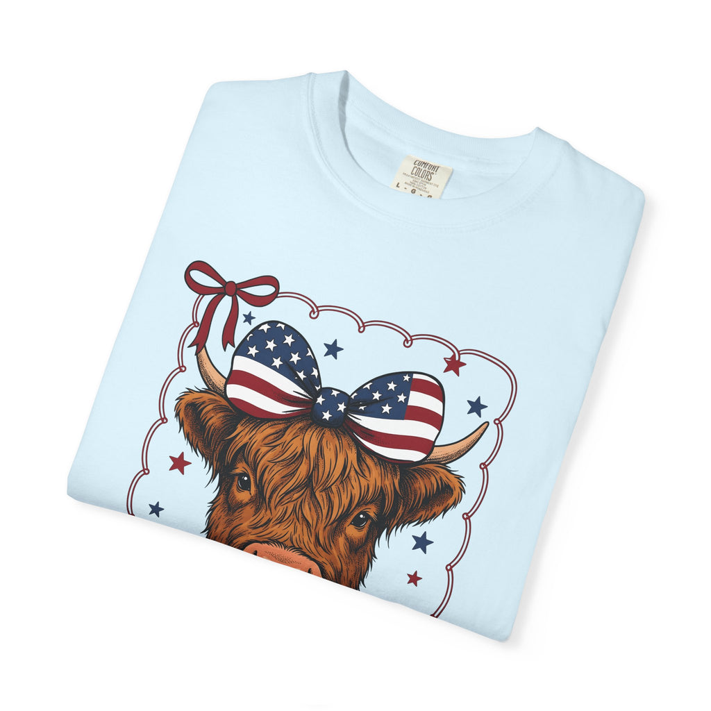Scottish Cow Shirt America Agriculture Gift Women Retro Tee Highland Cow T-Shirt American Fan Vintage Tshirt Farming Graphic Sketch Flag Bow