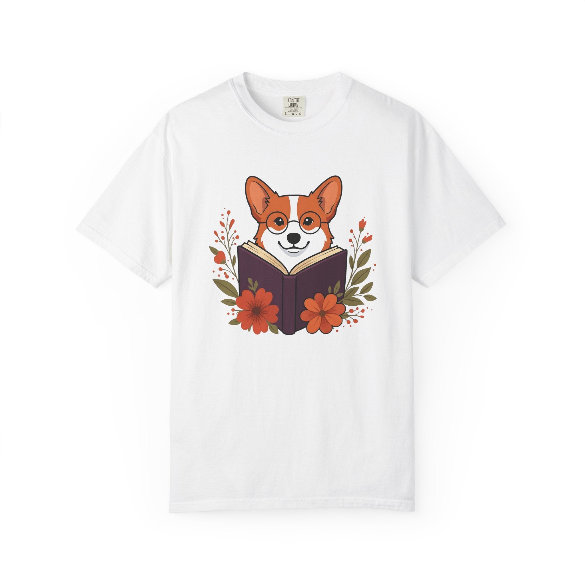 Corgi Pet Book Shirt Dog Literature Gift Women Illustration Tee Bookworm T-Shirt Dog Fan Artistic Tshirt Bibliophile Graphic Doodle Blossoms