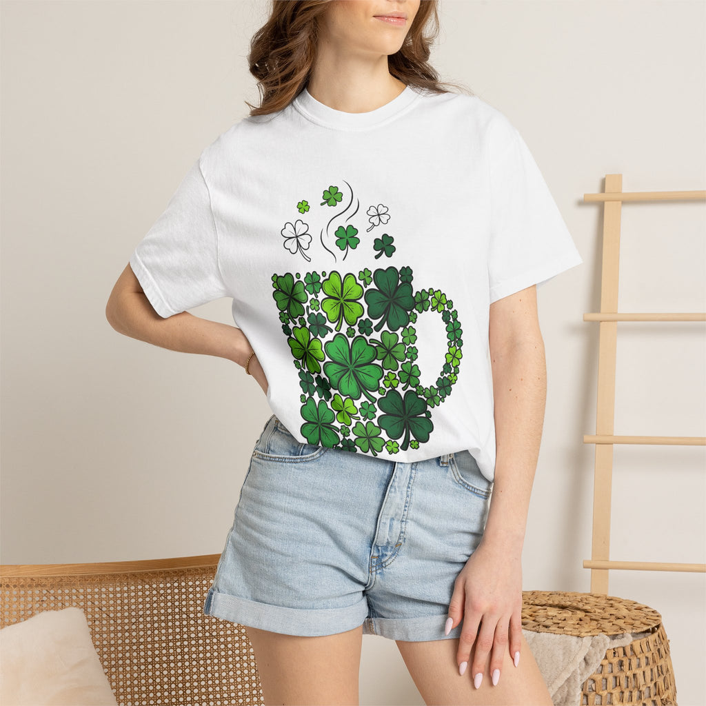Clover Cup Shirt St. Patrick's Day Tea Gift Women Sketch Tee Mug T-Shirt Shamrock Fan Drawing Design Line Art Foliage Tshirt