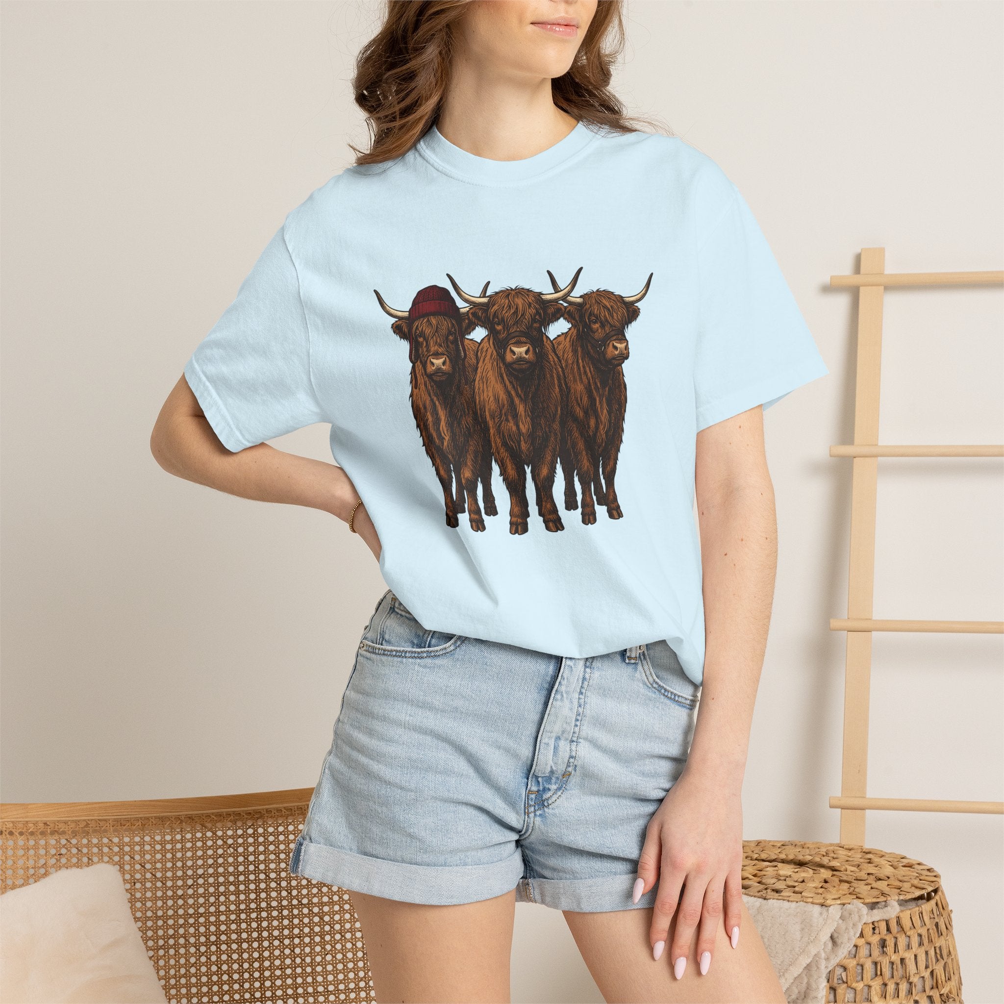 Scottish Cattle Trio Shirt Christmas Livestock Gift Women Cartoon Tee Cow T-Shirt Xmas Fan Comic Tshirt Farm Graphic Rustic Winter Cap
