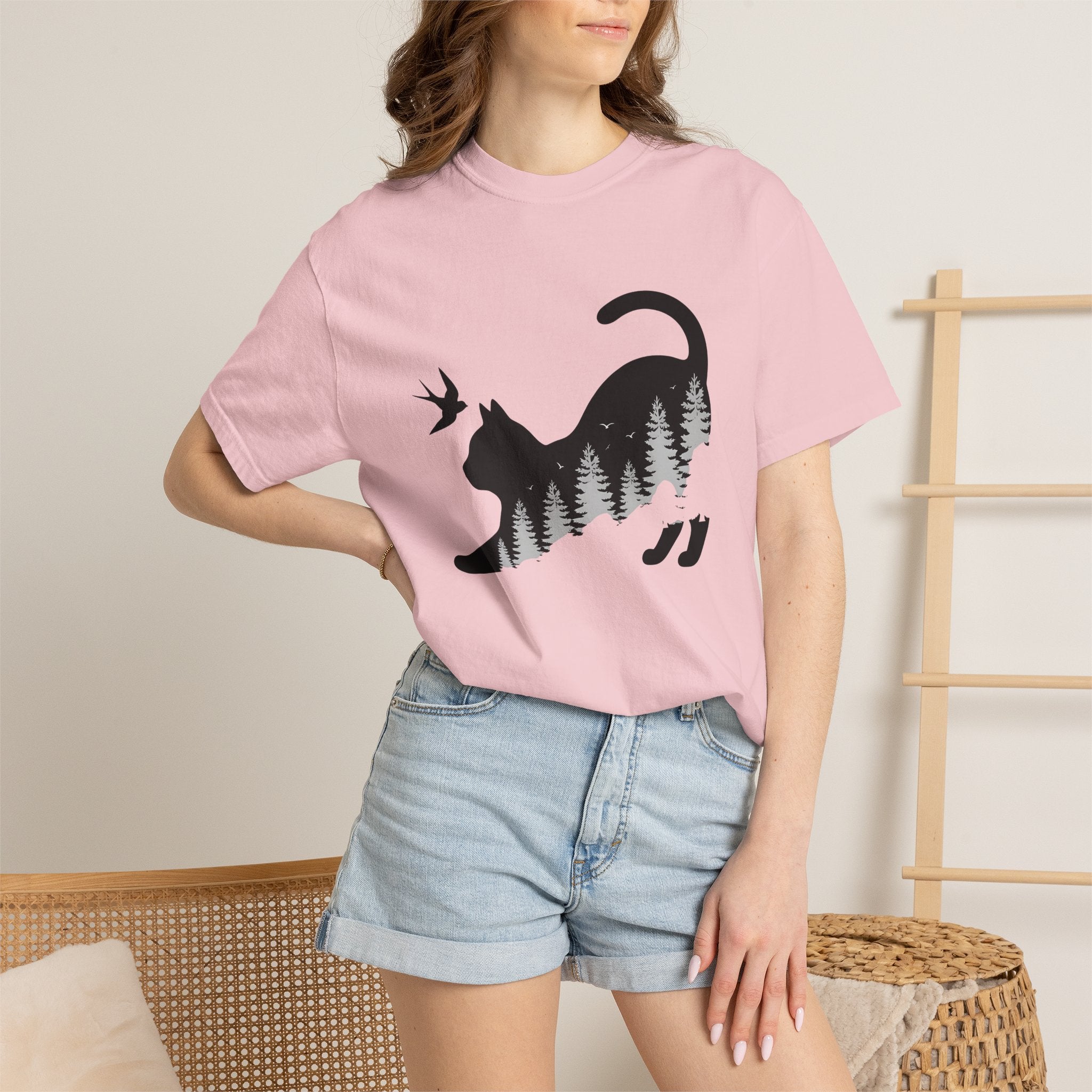 Feline Shape Shirt Cat Pets Gift Women Modern Tee Cat T-Shirt Cat Fan Contemporary Tshirt Animal Graphic Landscape Evergreen Trees Tshirt