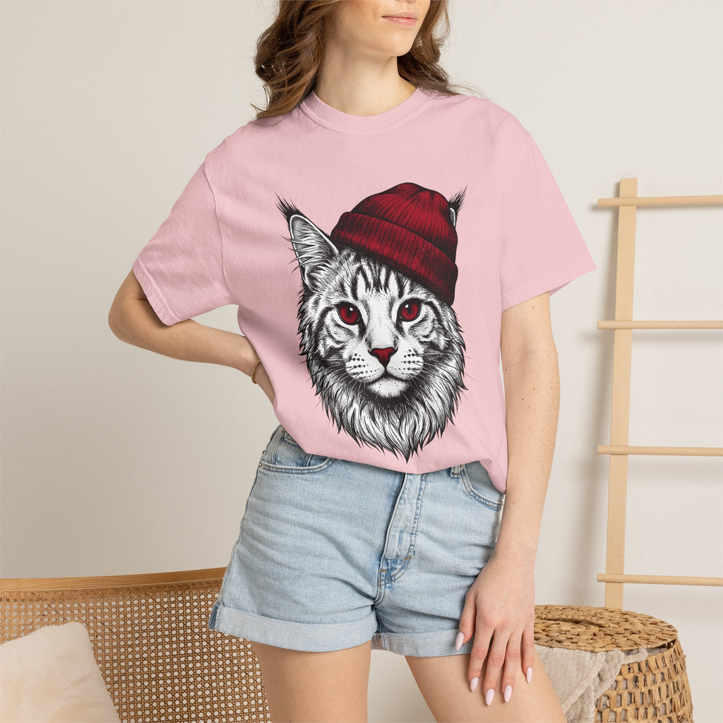 Feline Beanie Shirt Cat Apparel Gift Women Cartoon Tee Kitty T-Shirt Cat Fan Comic Tshirt Clothing Graphic Rustic Toque Tshirt