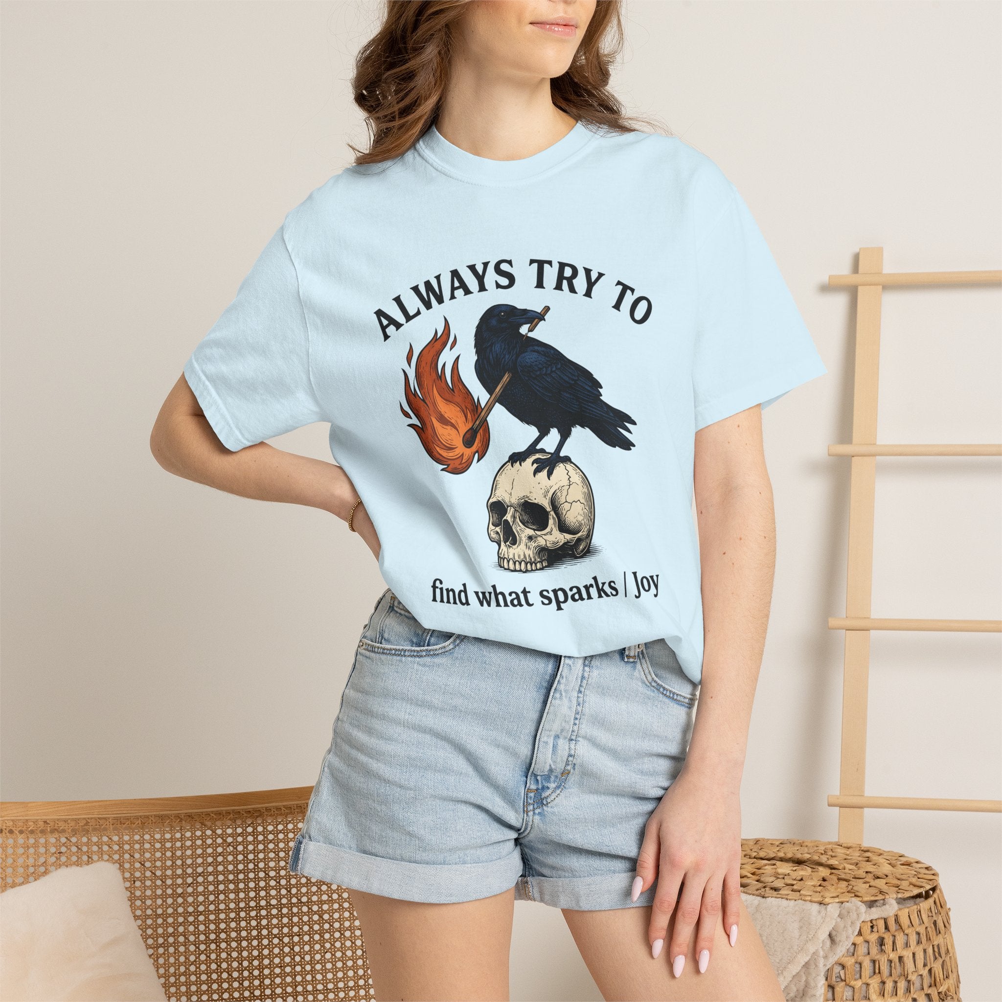 Raven Skull Shirt Funny Random Occult Gift Women Line Art Tee Crow Skull T-Shirt Meme Fan Dark Art Tshirt Mystical Graphic Hand Drawn Flame