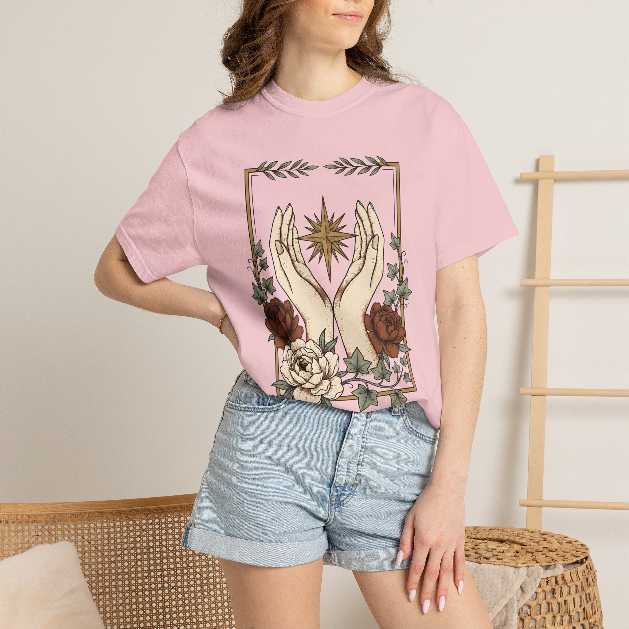 Hand Blossom Art Shirt Boho Chic Esoteric Gift Women Garden Tee Floral T-Shirt Bohemian Fan Floral Design Tshirt Antique Star Icon Tshirt