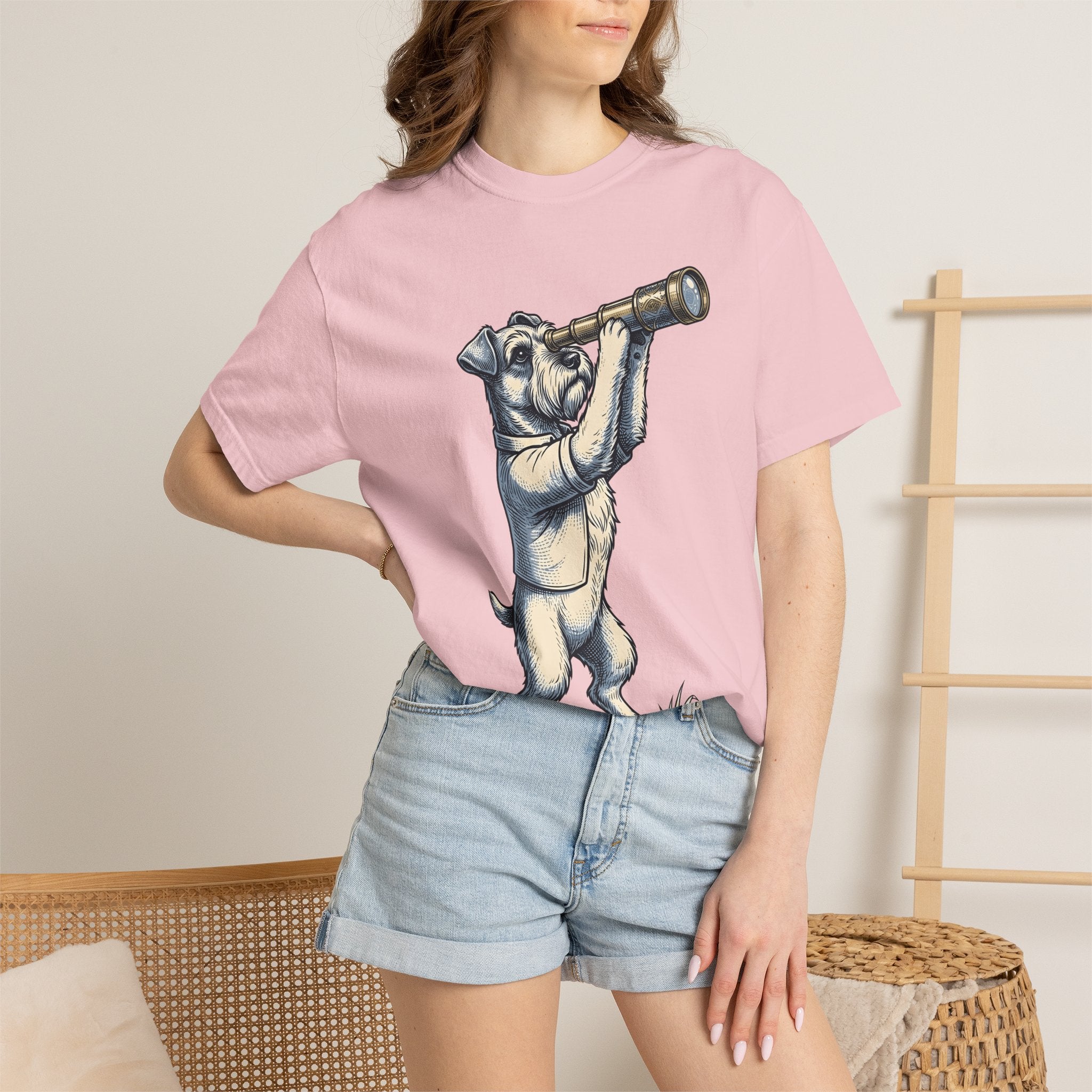 Terrier Puppy Shirt Dog Exploration Gift Women Retro Tee Puppy T-Shirt Dog Fan Vintage Tshirt Adventure Graphic Sketch Spyglass Tshirt