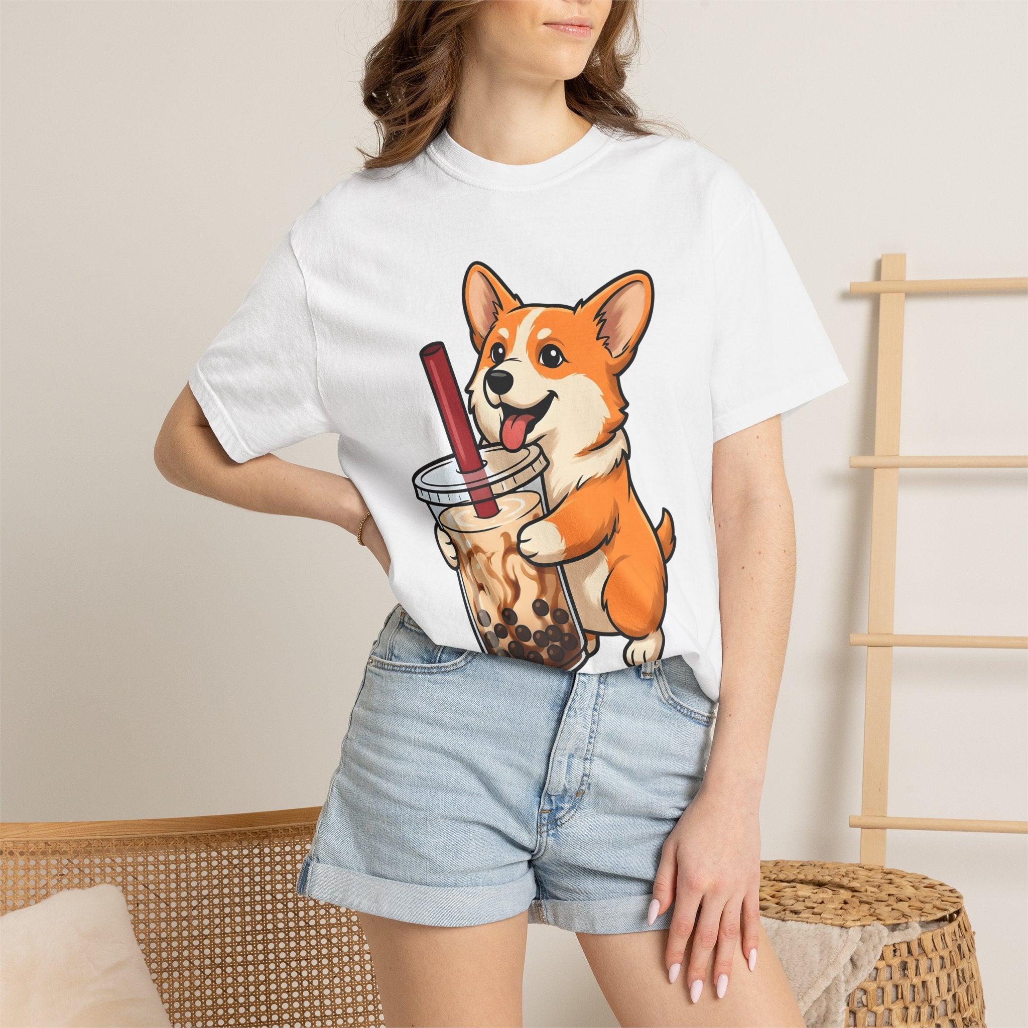 Corgi Dog Shirt Dog Food Gift Women Cute Tee Puppy T-Shirt Dog Fan Canine Tshirt Foodie Graphic Cartoon Bubble Tea Tshirt